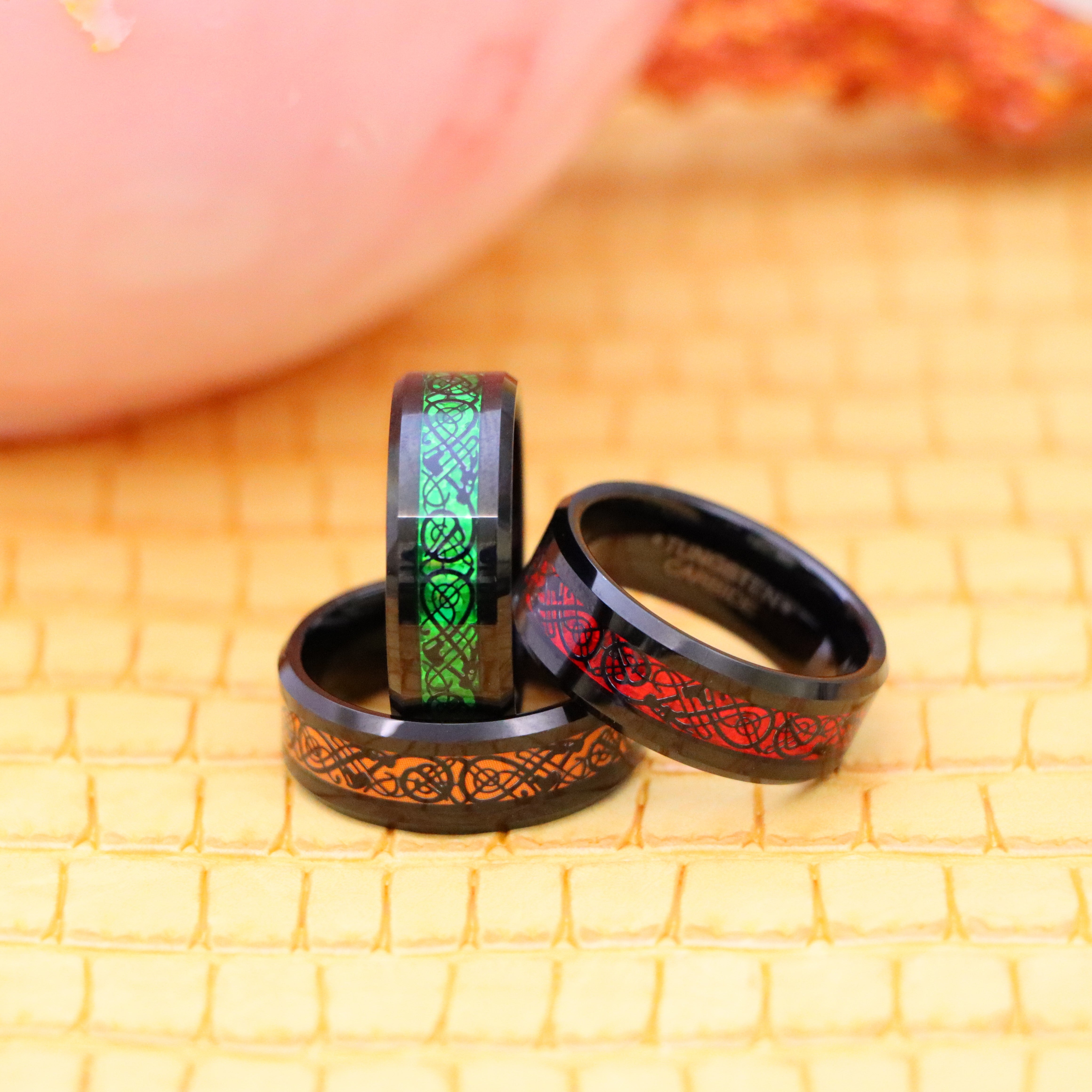 8mm Black &amp; Red / Black &amp; Green / Black &amp; Orange Celtic Inlay Tungsten Ring