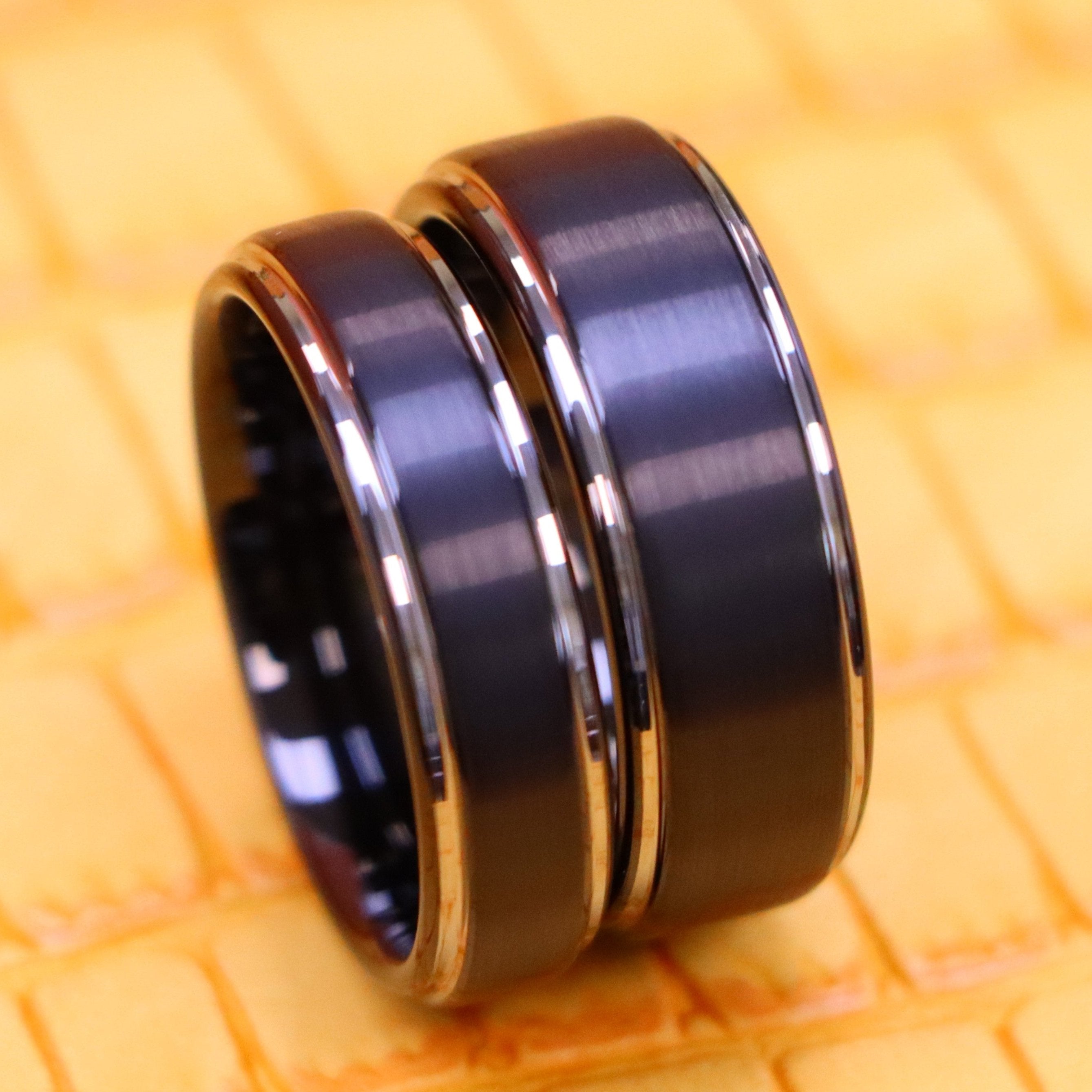 Two-Tone Black IP Brushed Center &amp; Steel Color Stepped Edge Tungsten Ring