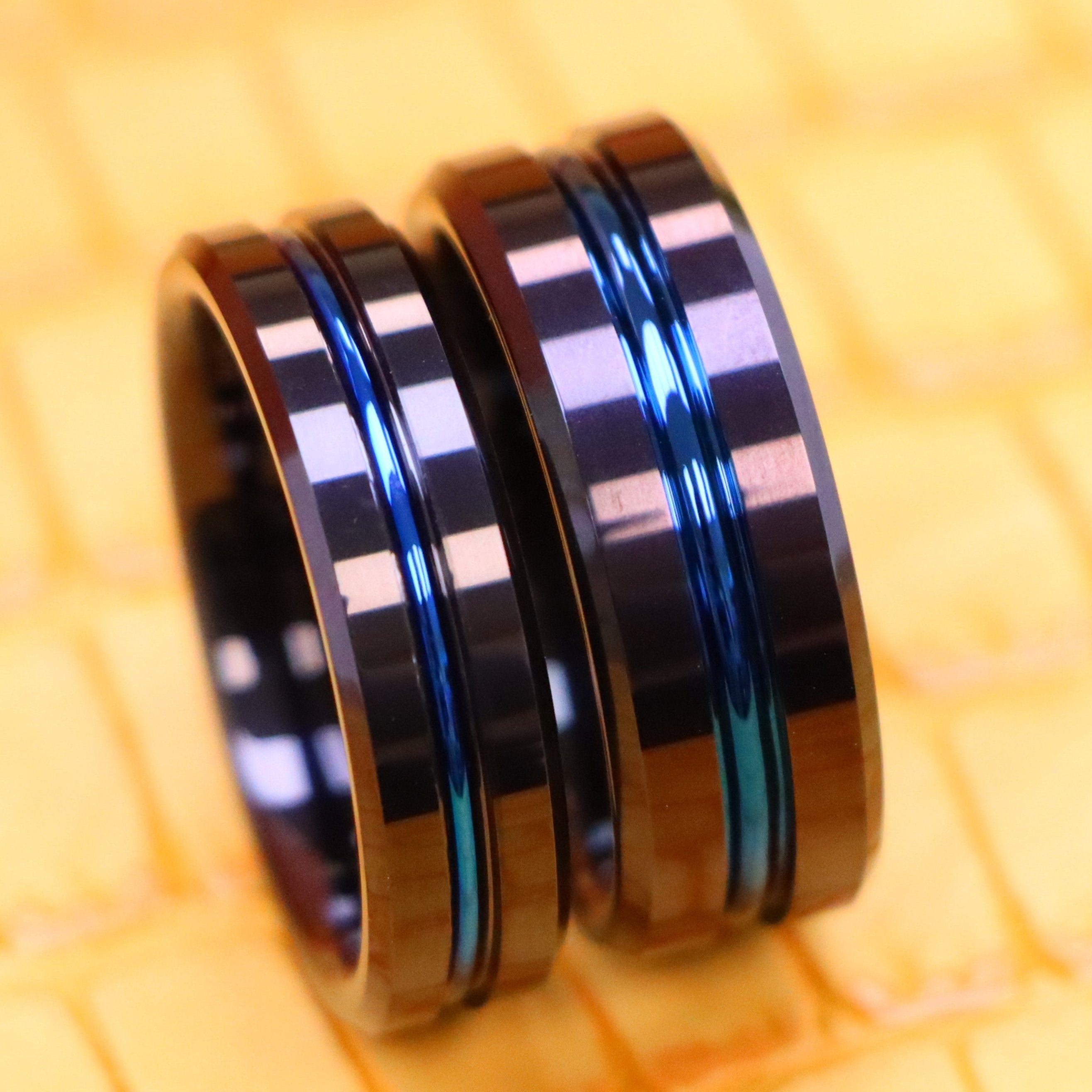 Black IP Shiny with Blue IP Plated Grooved Center Tungsten Ring