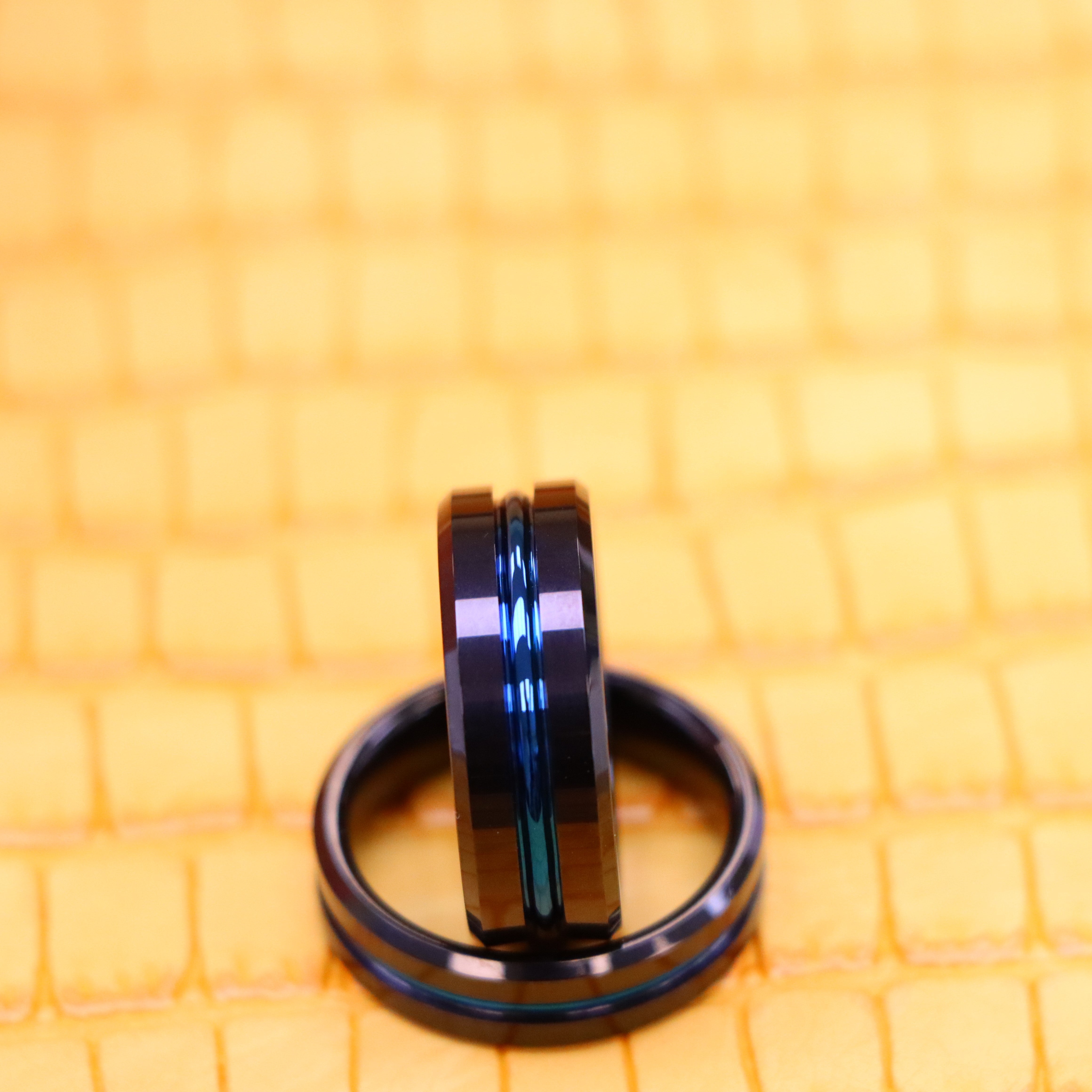 Black IP Shiny with Blue IP Plated Grooved Center Tungsten Ring