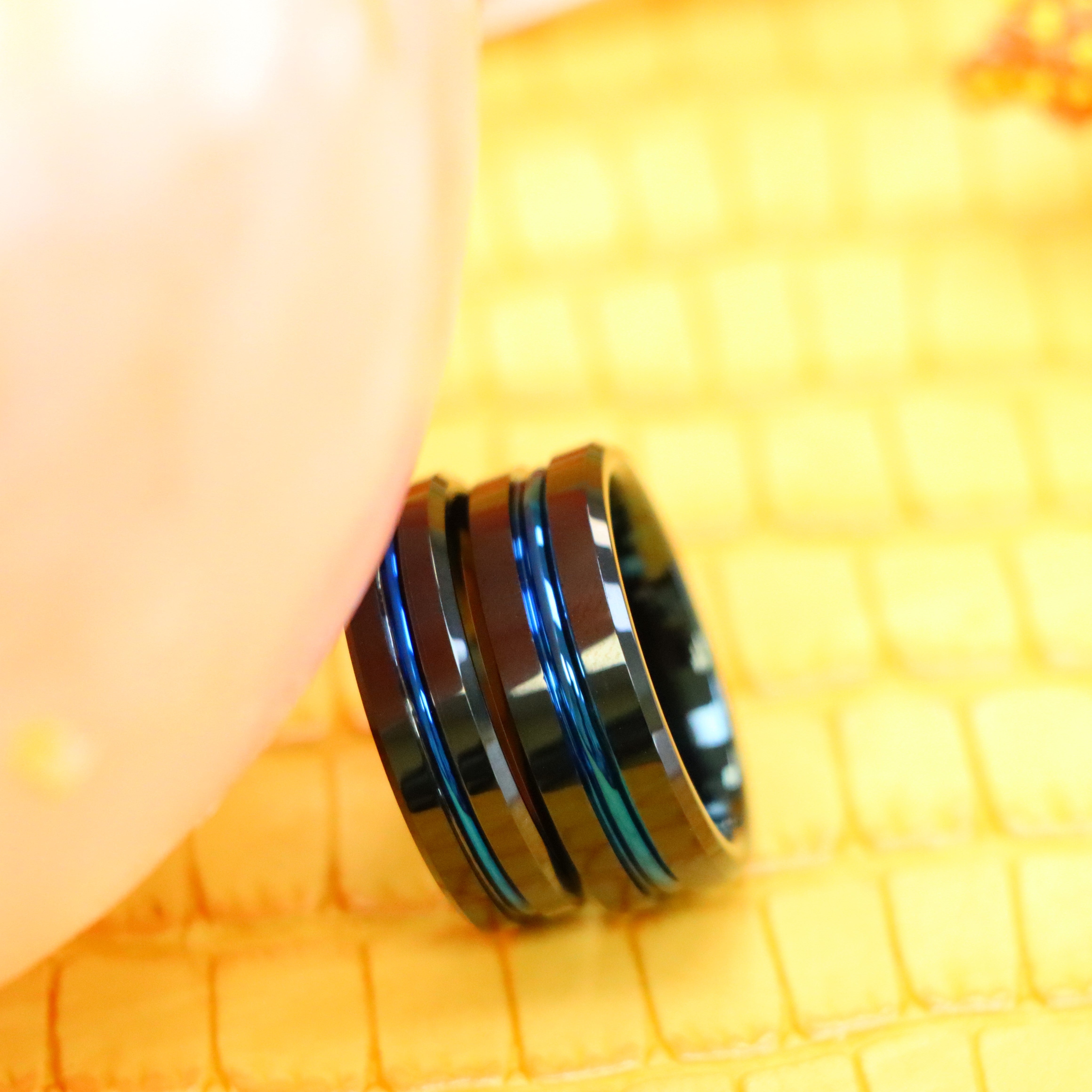 Black IP Shiny with Blue IP Plated Grooved Center Tungsten Ring