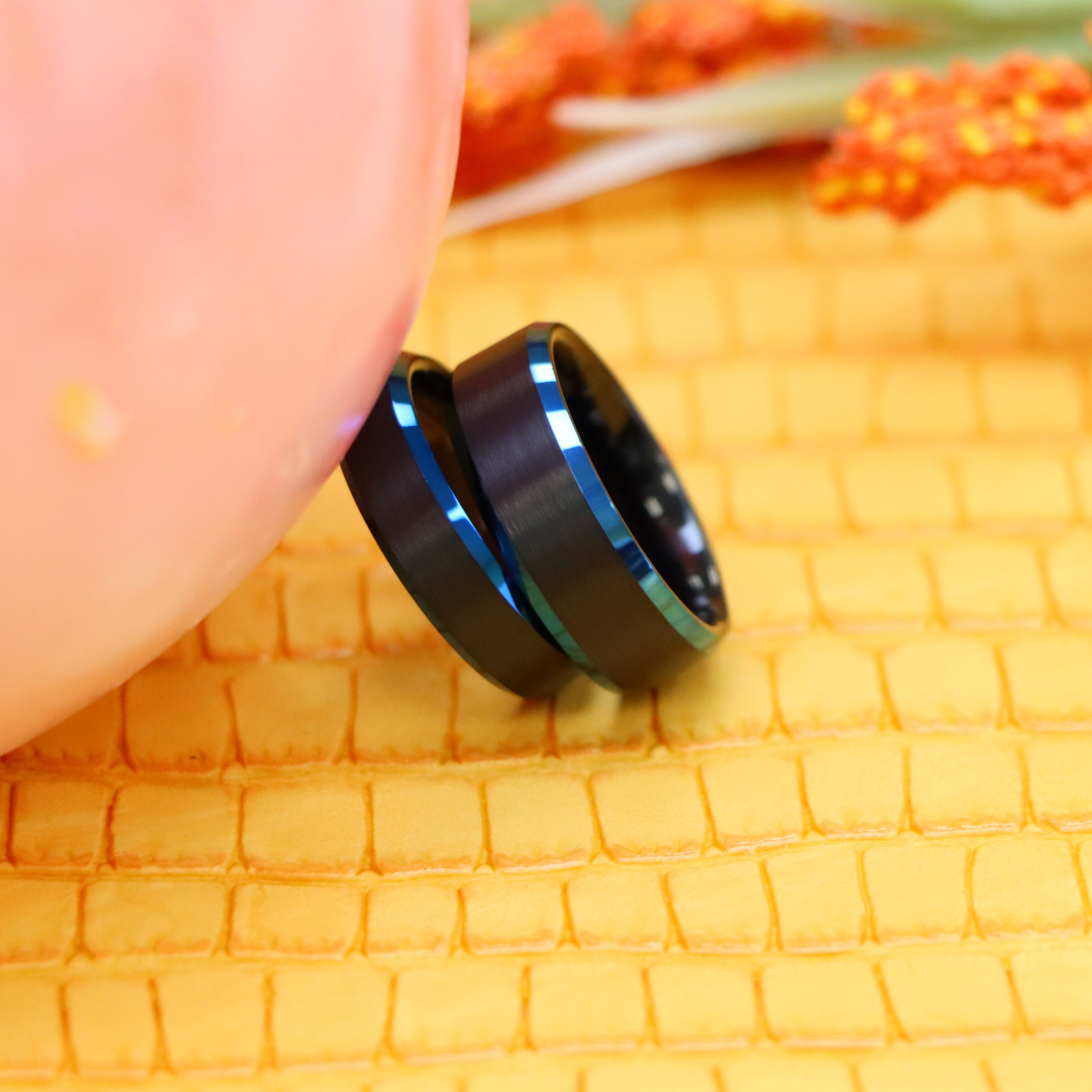 Black IP Tungsten Ring with Blue IP Beveled Edge