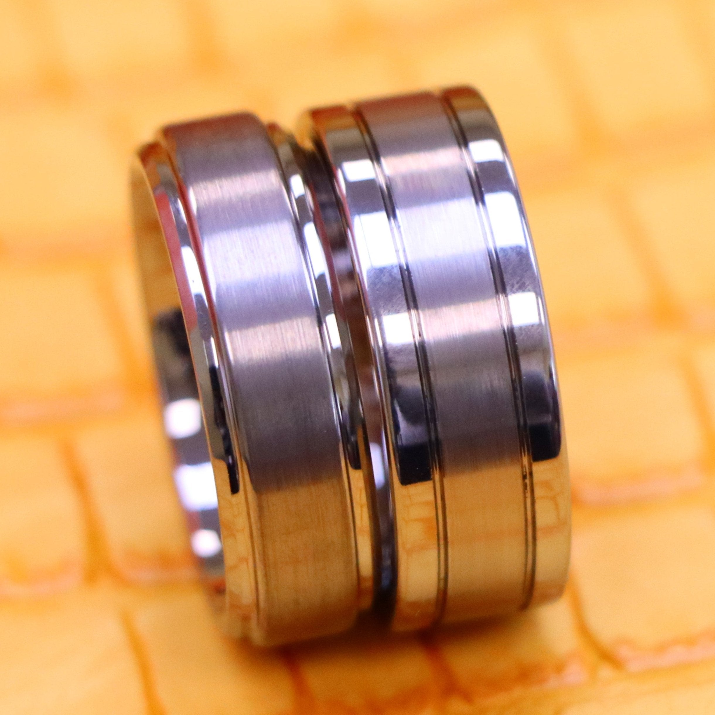 Polished Shiny Double Grooved Brushed Center Tungsten Ring