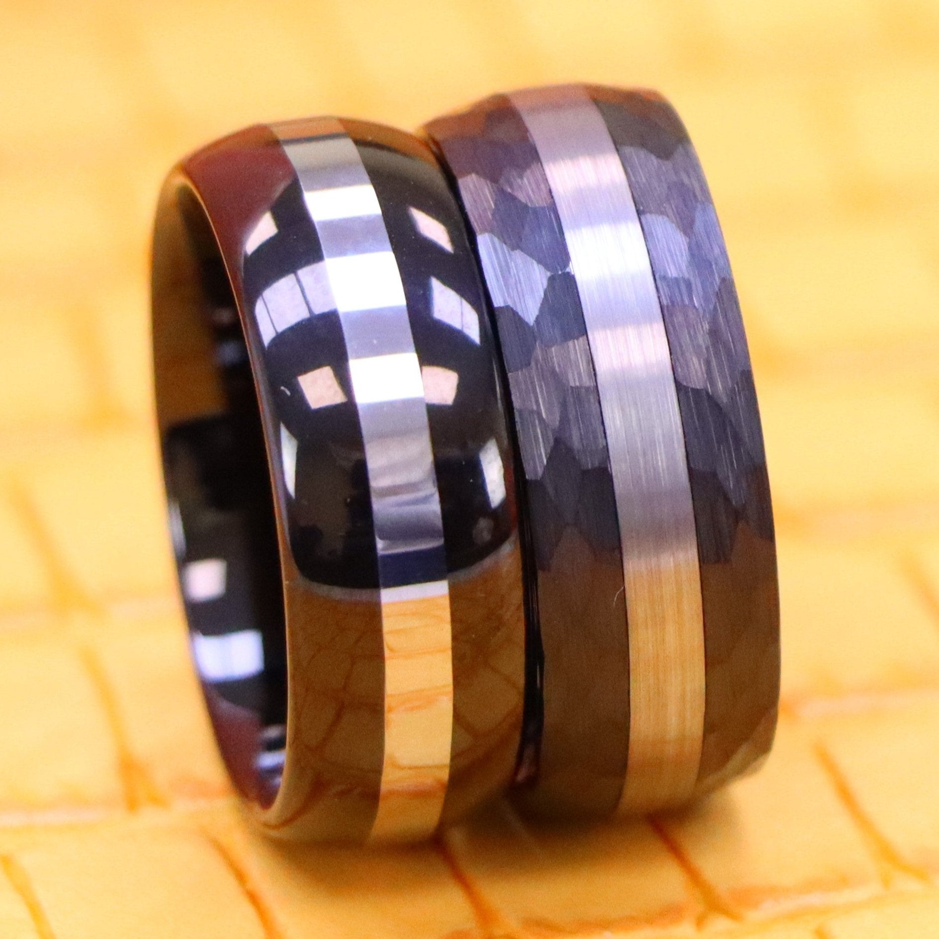 8mm High Polish Black IP Plate Shiny Center Line/Chiseled Sides &amp; Brushed Stripe Center Tungsten Ring