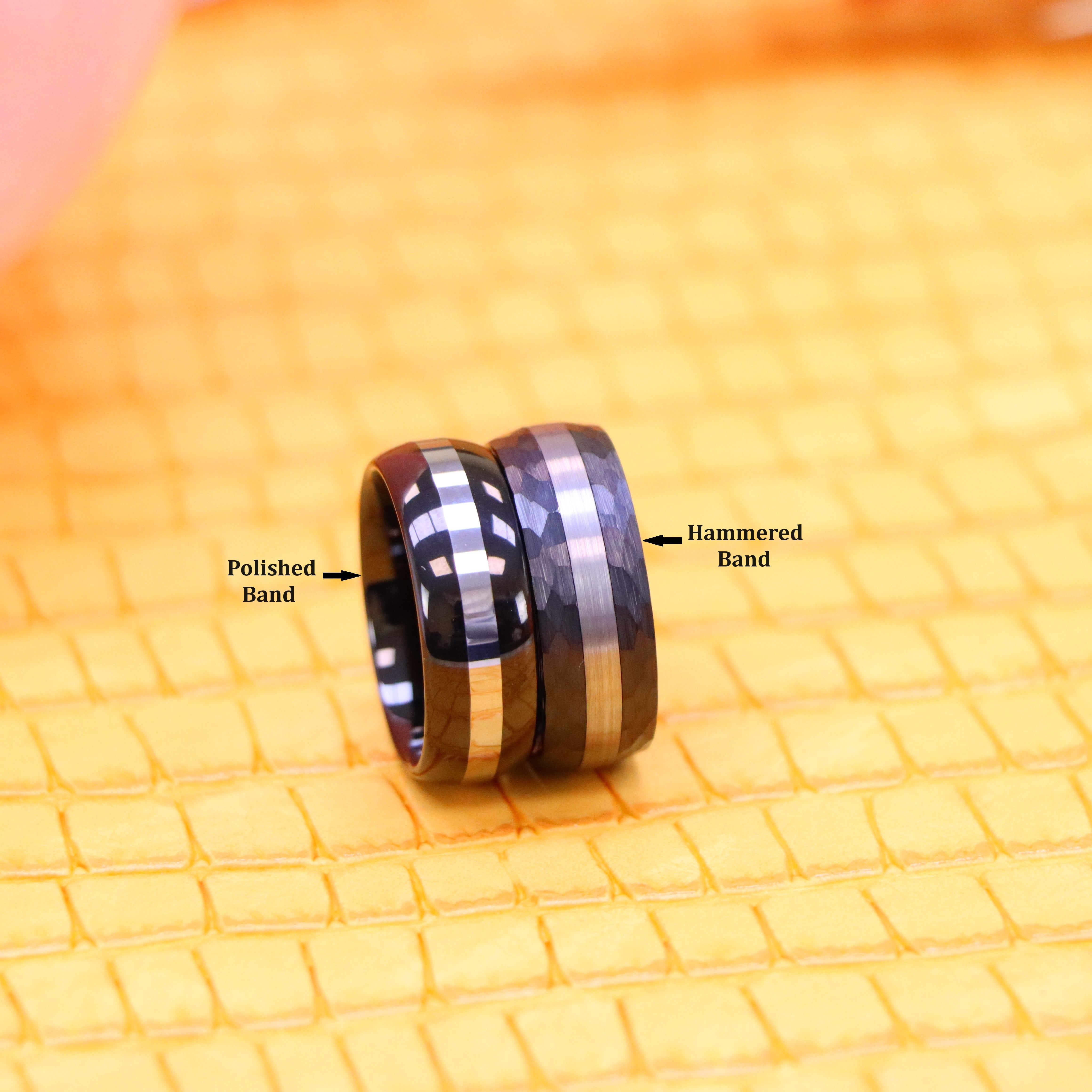 8mm High Polish Black IP Plate Shiny Center Line/Chiseled Sides &amp; Brushed Stripe Center Tungsten Ring