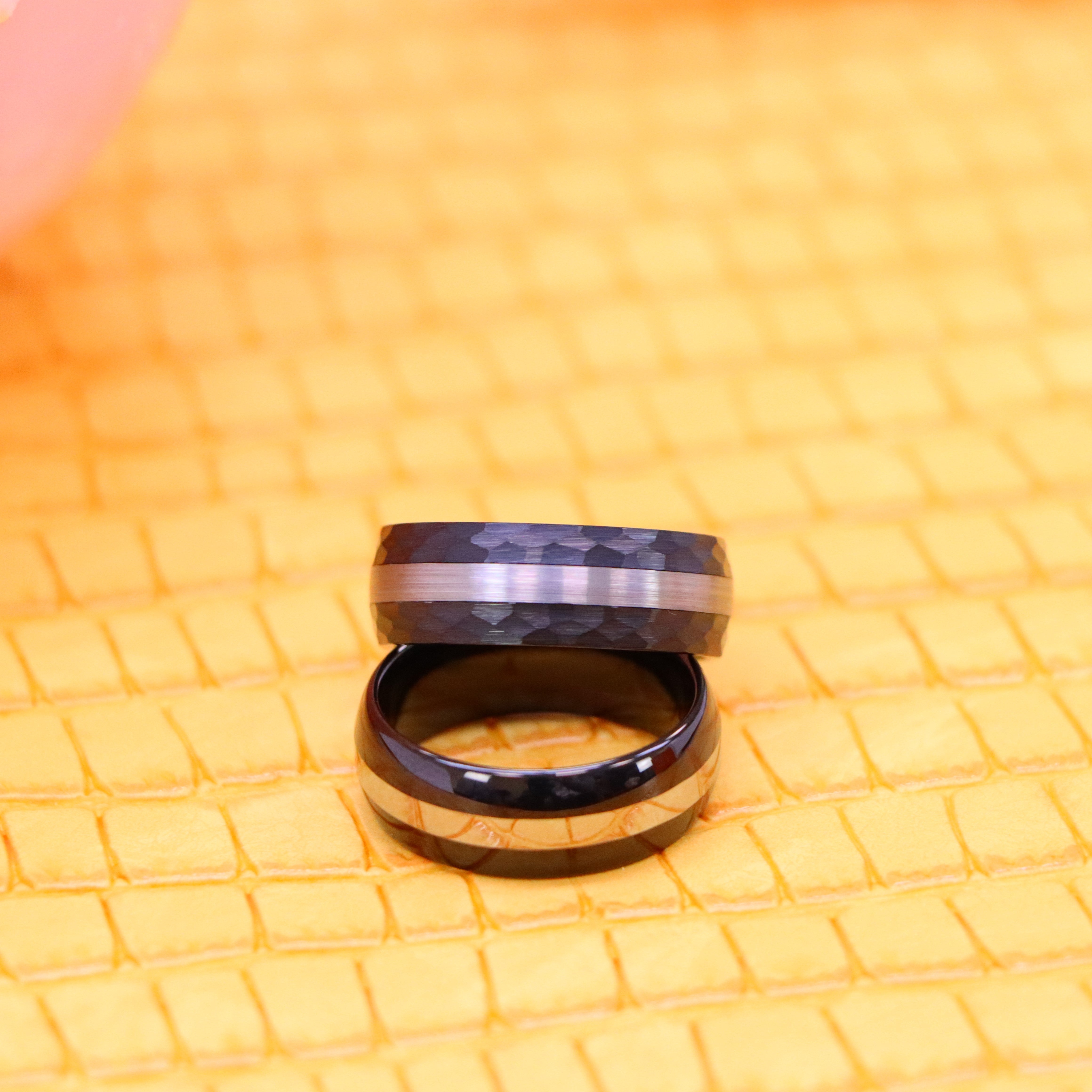 8mm High Polish Black IP Plate Shiny Center Line/Chiseled Sides &amp; Brushed Stripe Center Tungsten Ring