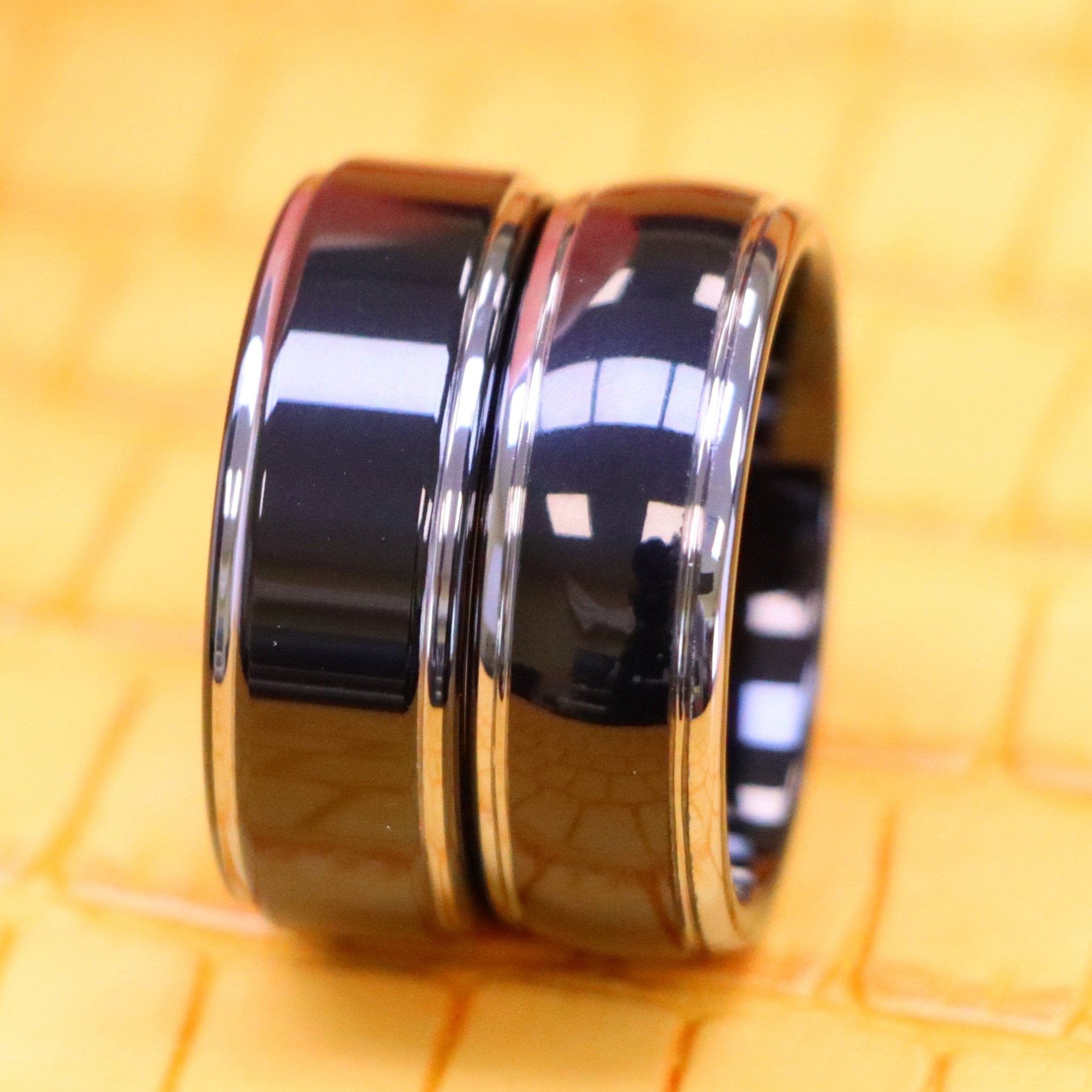 8mm High Polish Black IP Plated Stepped Edge/Rounded Edge Tungsten Ring