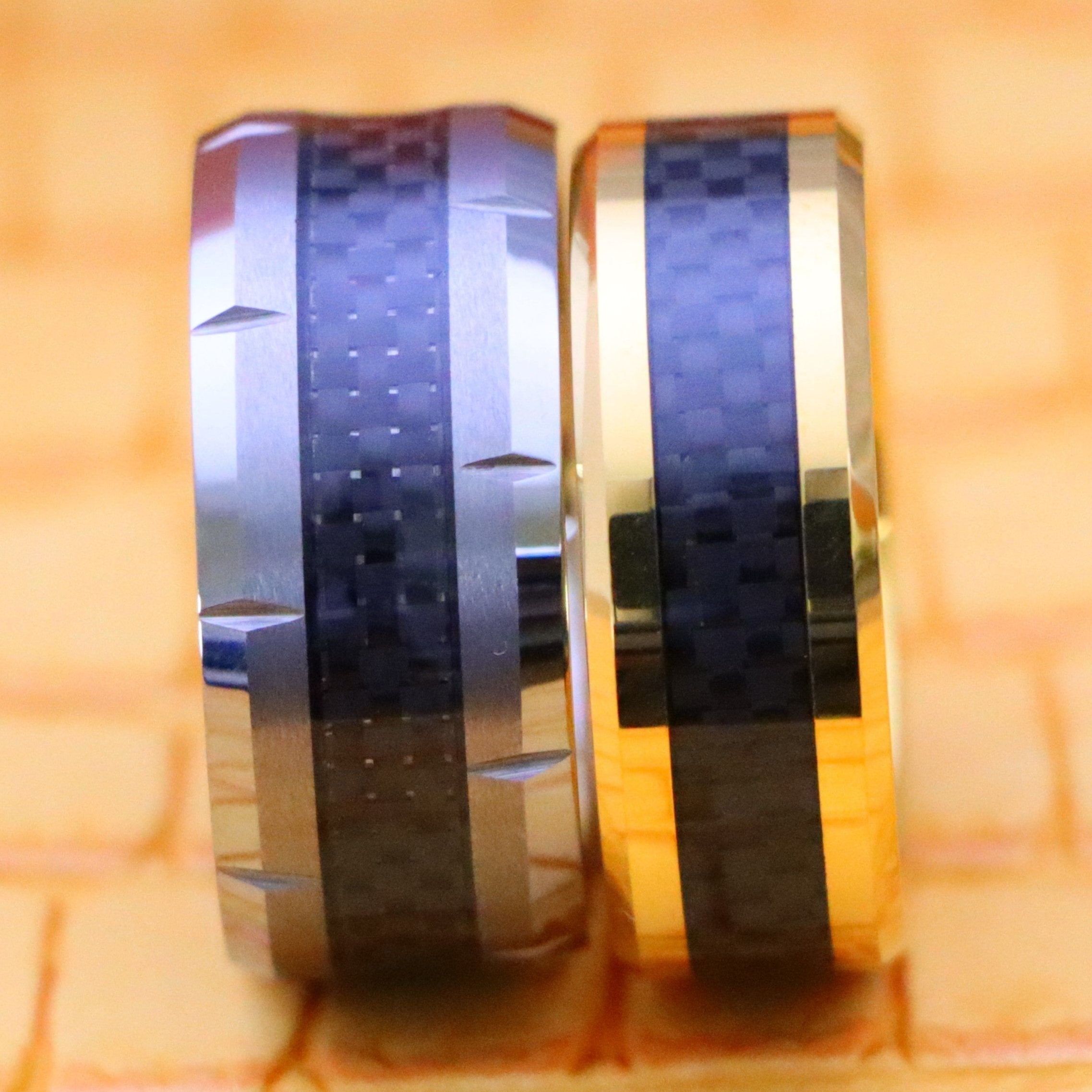 Yellow Gold/Silver Plated High Polish with Black Carbon Fiber Inlay Beveled Edge Tungsten Ring