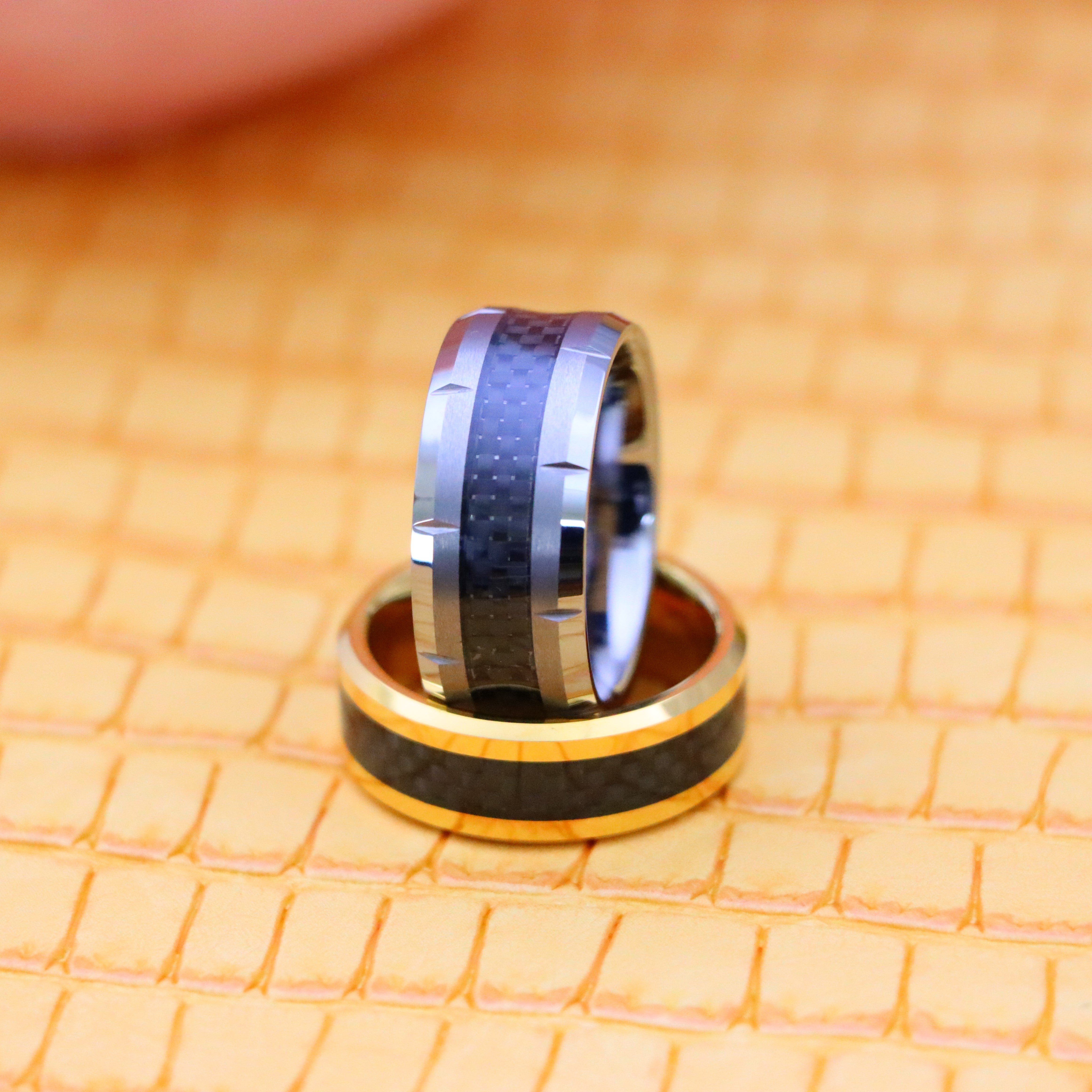 Yellow Gold/Silver Plated High Polish with Black Carbon Fiber Inlay Beveled Edge Tungsten Ring