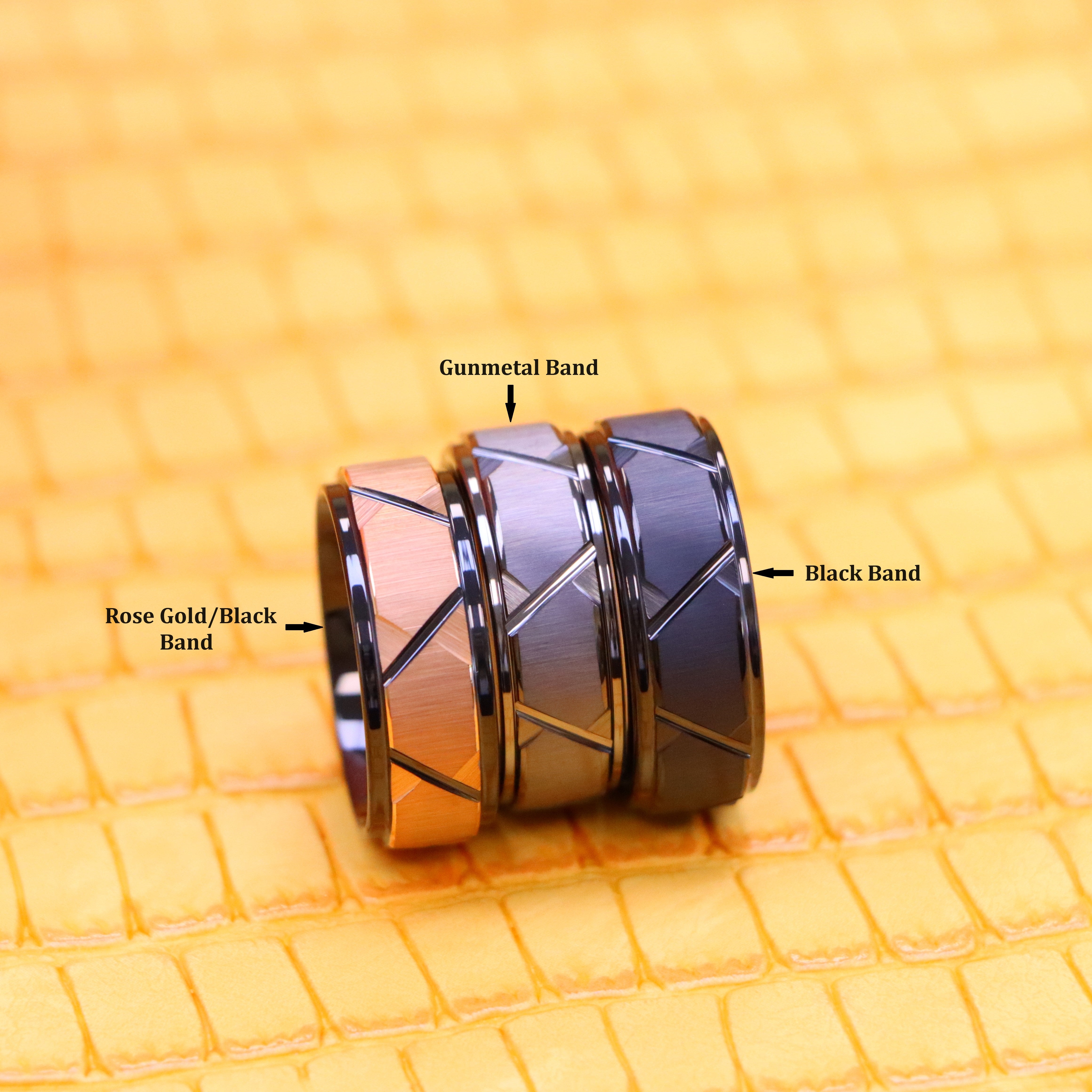 8mm Black IP Brushed /Gun Metal IP Plated Trapezoid Center High Polished Rose Gold IP Grooves &amp; Stepped Edge Tungsten Ring