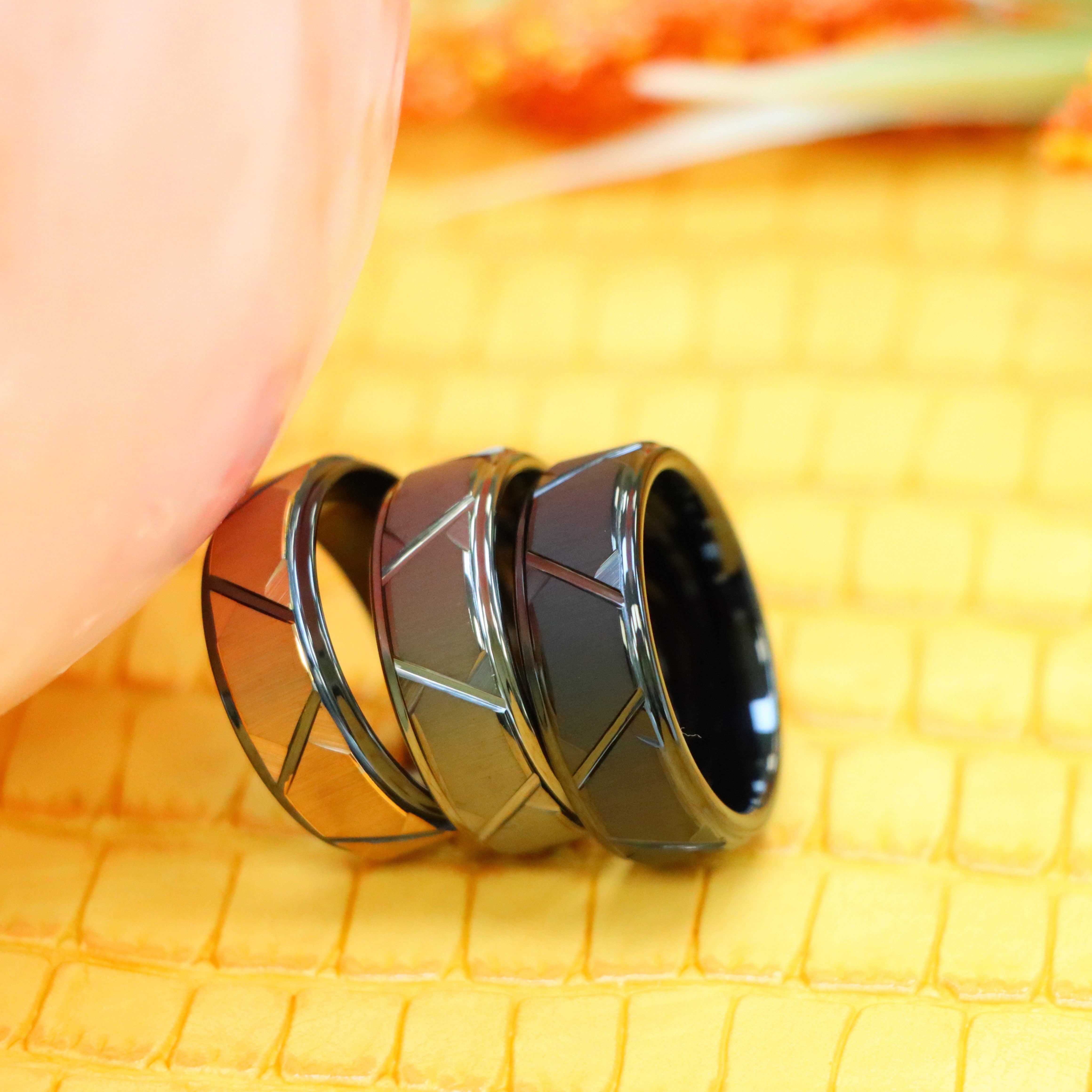 8mm Black IP Brushed /Gun Metal IP Plated Trapezoid Center High Polished Rose Gold IP Grooves &amp; Stepped Edge Tungsten Ring