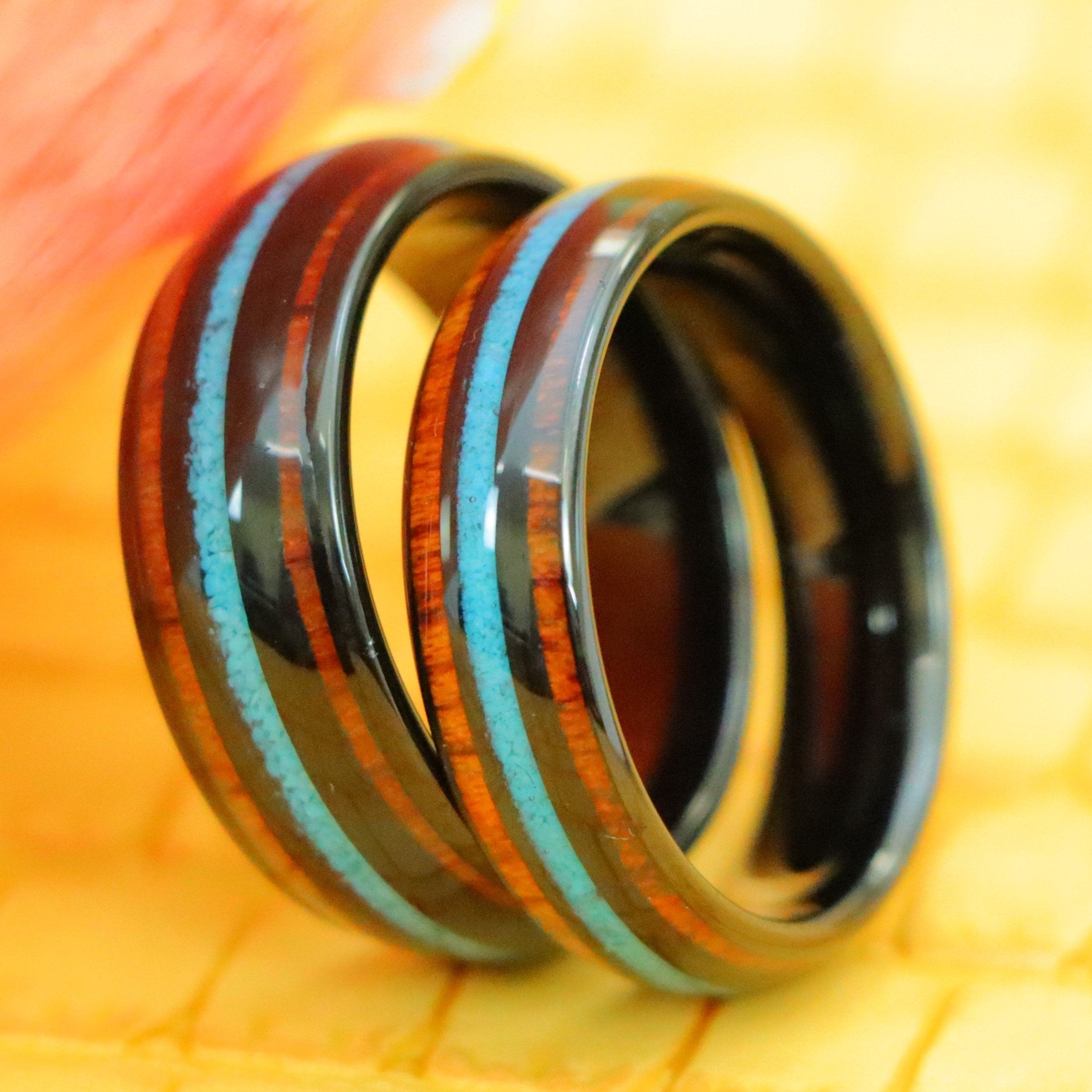 Black IP Plated with Koa Wood &amp; Crushed Turquoise Inlay Tungsten Ring