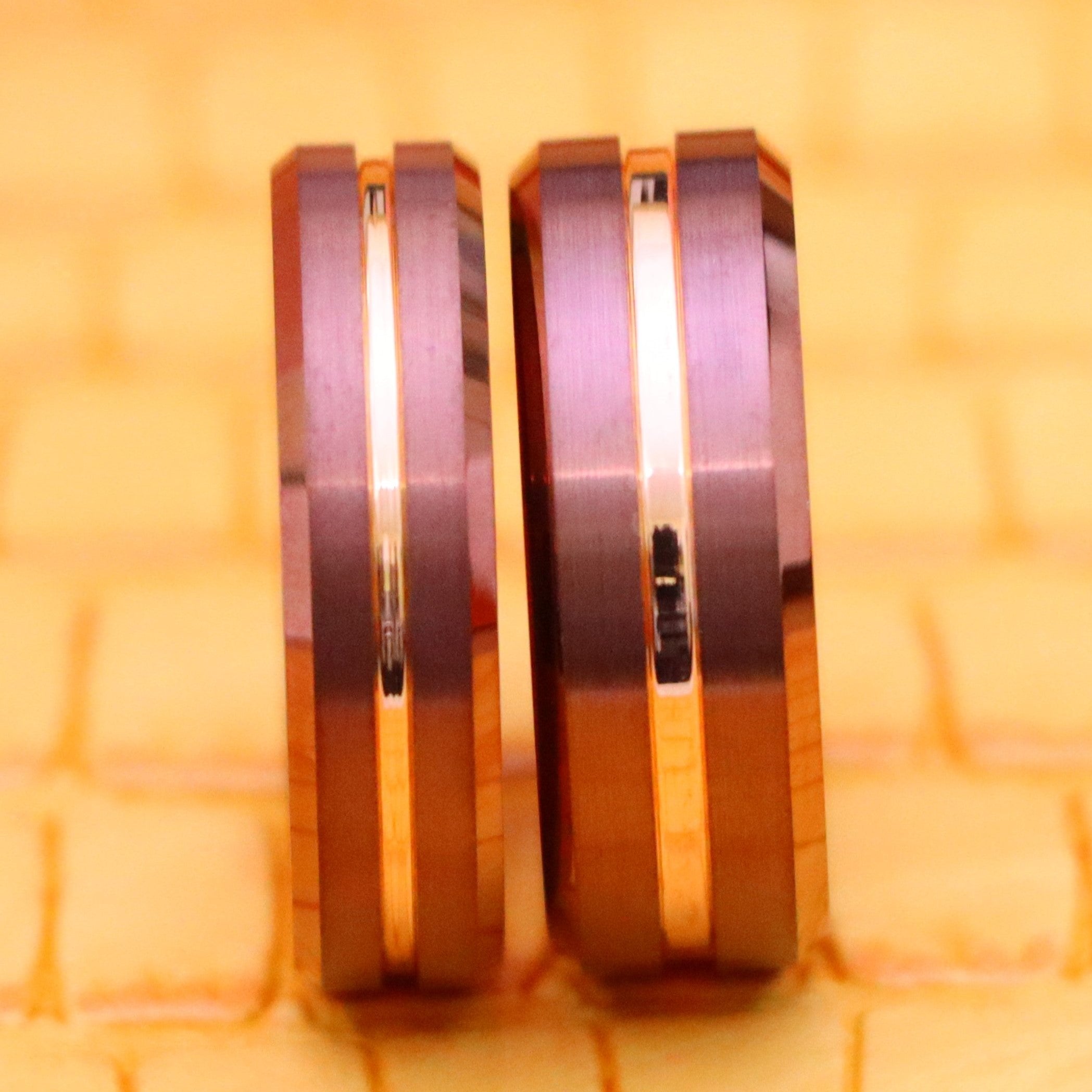 Beveled Edge Brushed Brown IP Plated Outside with Rose Gold IP Plated Grooved Center &amp; Inside Tungsten Ring