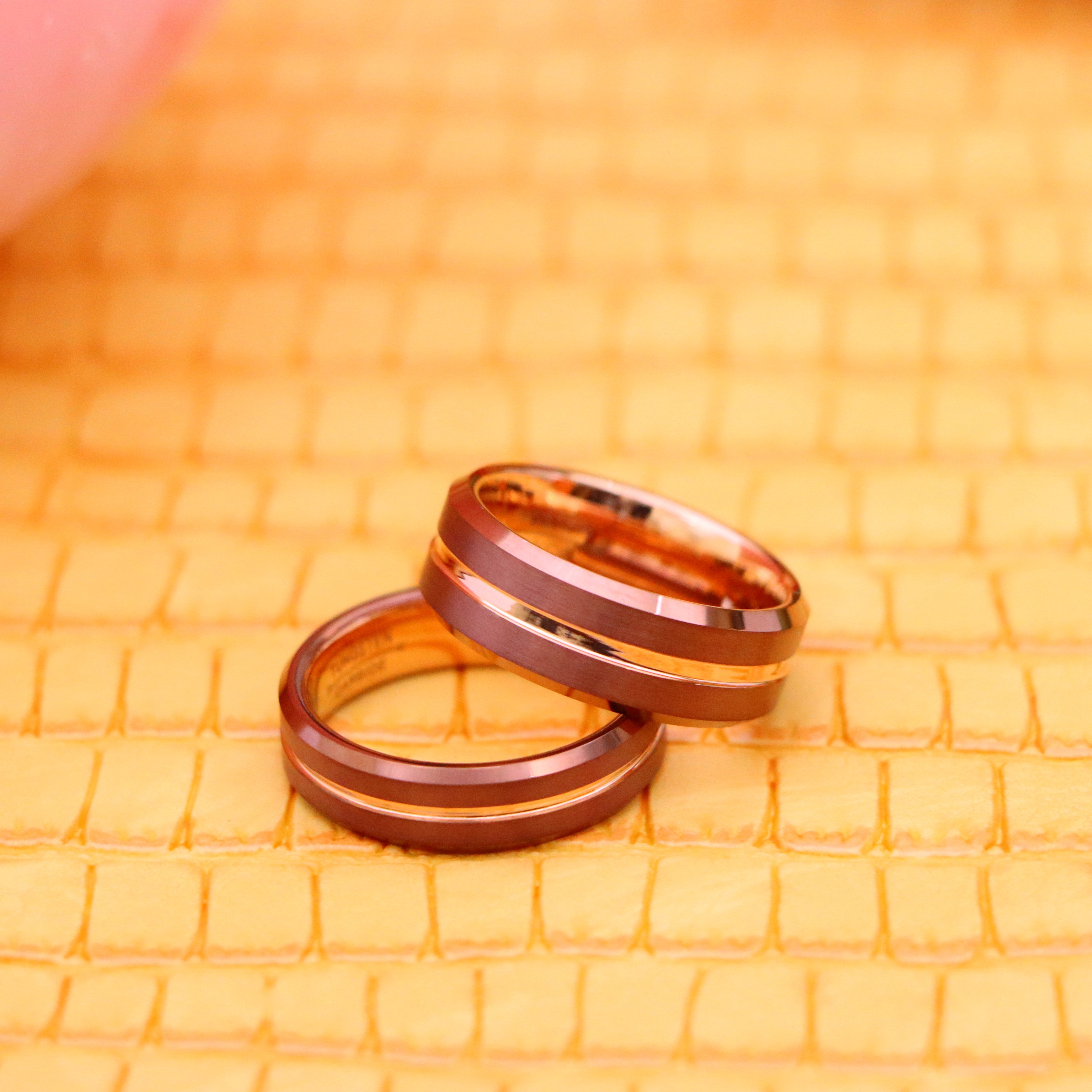 Beveled Edge Brushed Brown IP Plated Outside with Rose Gold IP Plated Grooved Center &amp; Inside Tungsten Ring