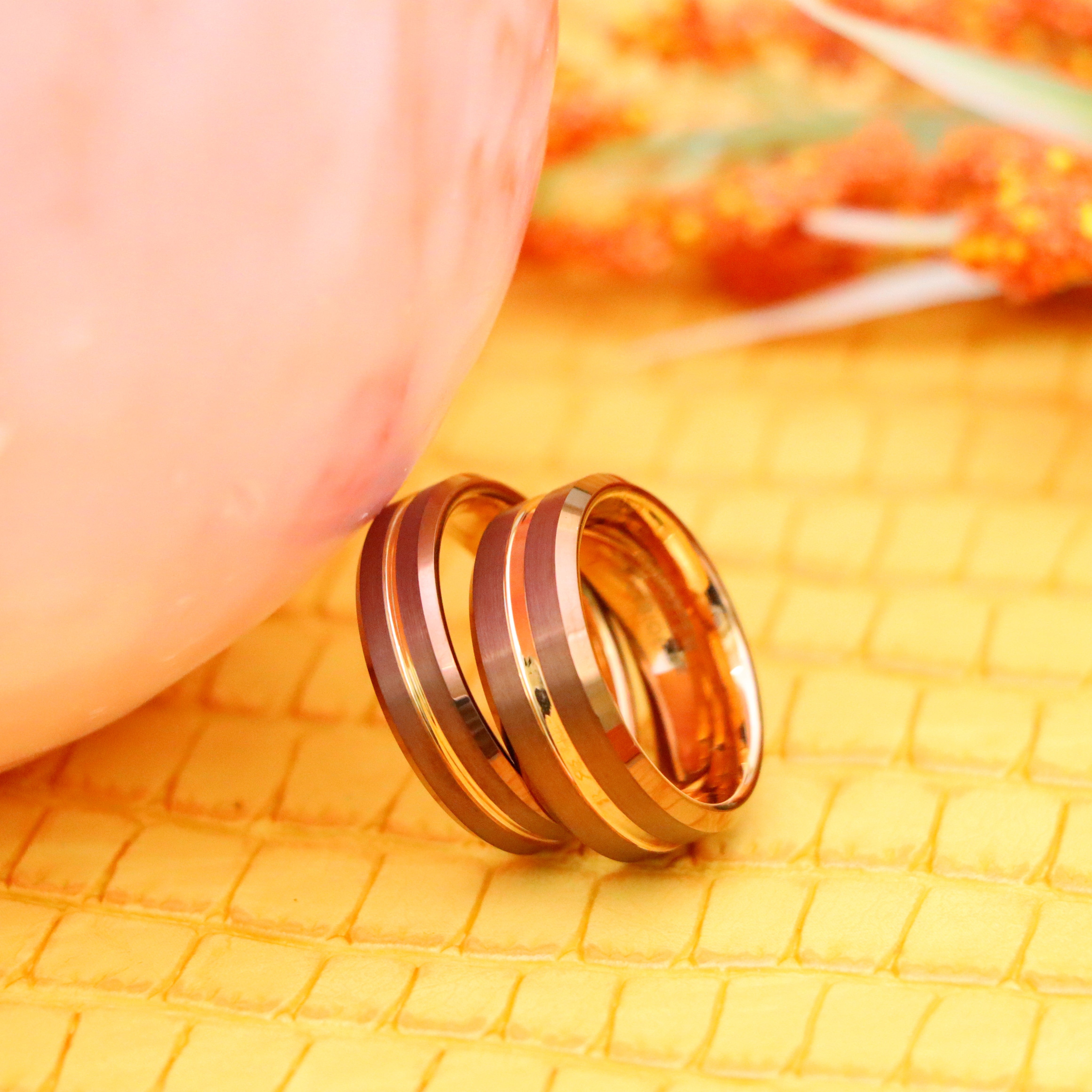 Beveled Edge Brushed Brown IP Plated Outside with Rose Gold IP Plated Grooved Center &amp; Inside Tungsten Ring