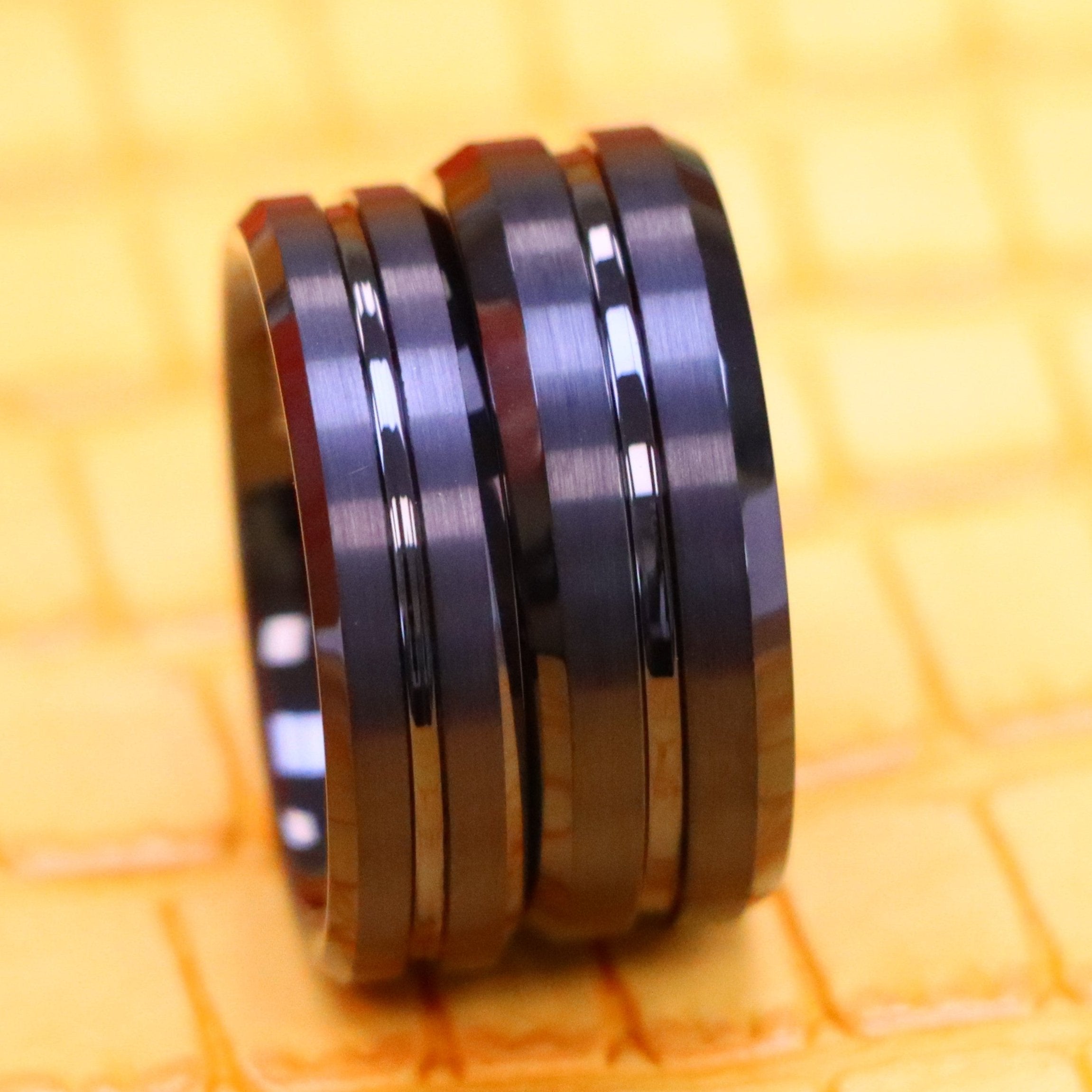 Black IP Plated Shiny Grooved Center Brushed Beveled Edge Tungsten Ring