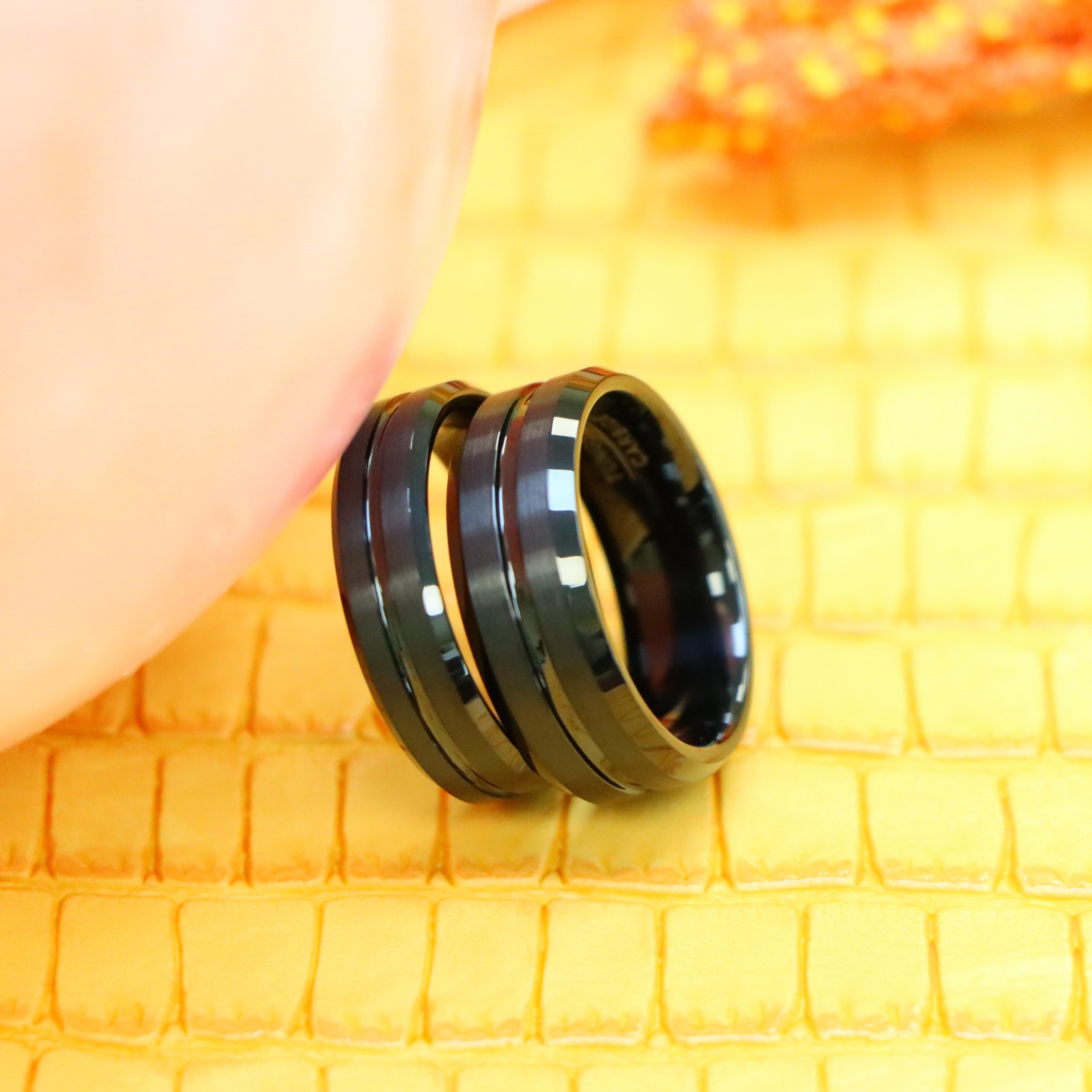 Black IP Plated Shiny Grooved Center Brushed Beveled Edge Tungsten Ring