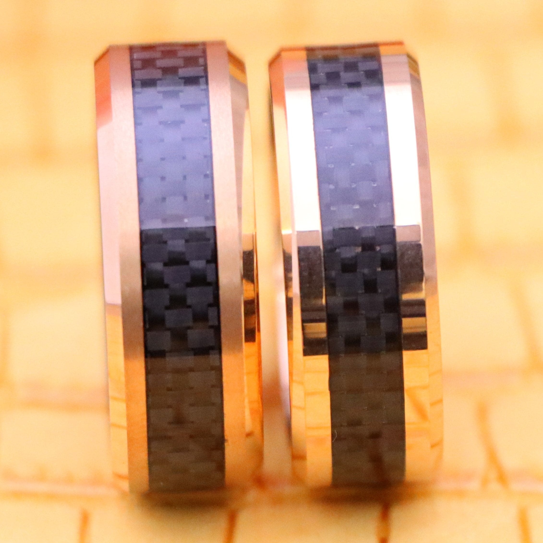 8mm High Polish Rose Gold Plated with Black Carbon Fiber Inlay &amp; Beveled Edge Tungsten Ring