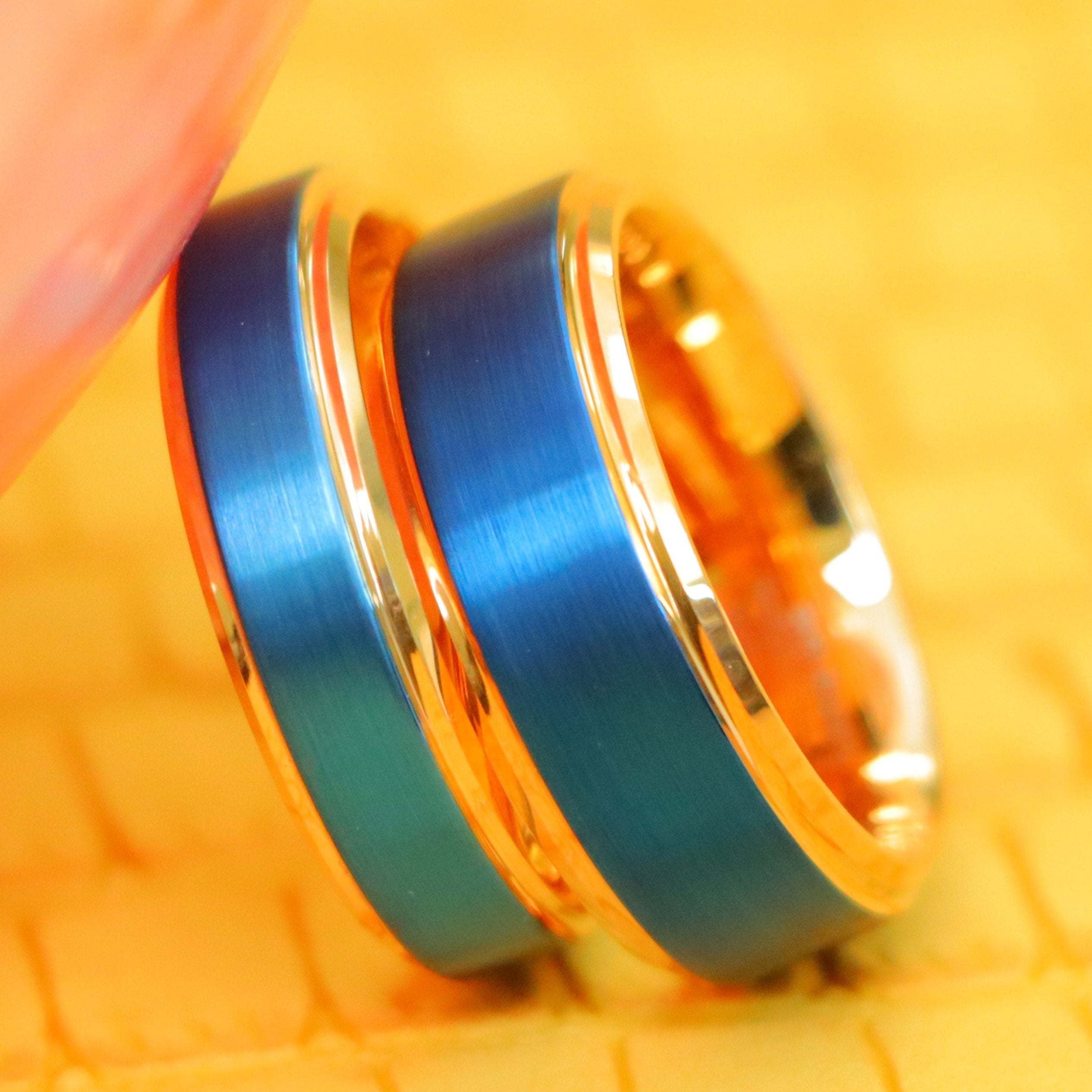 Two-tone Rose &amp; Blue IP Stepped Edge Tungsten Ring