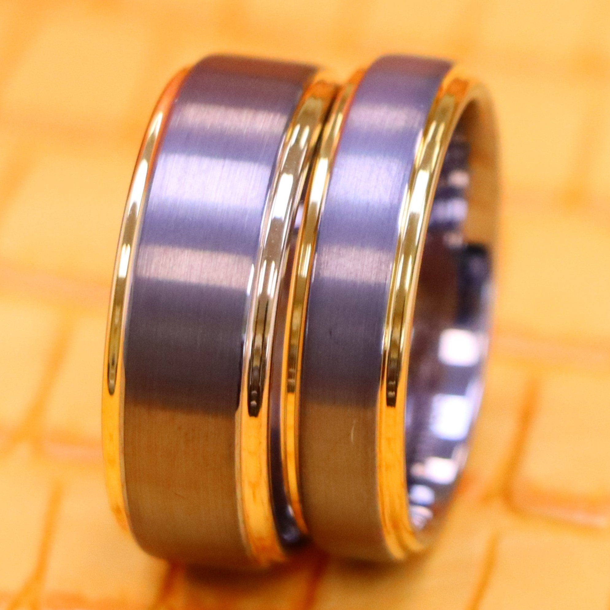 Brushed Center Yellow Gold Plated High Polish Stepped Edge Tungsten Ring