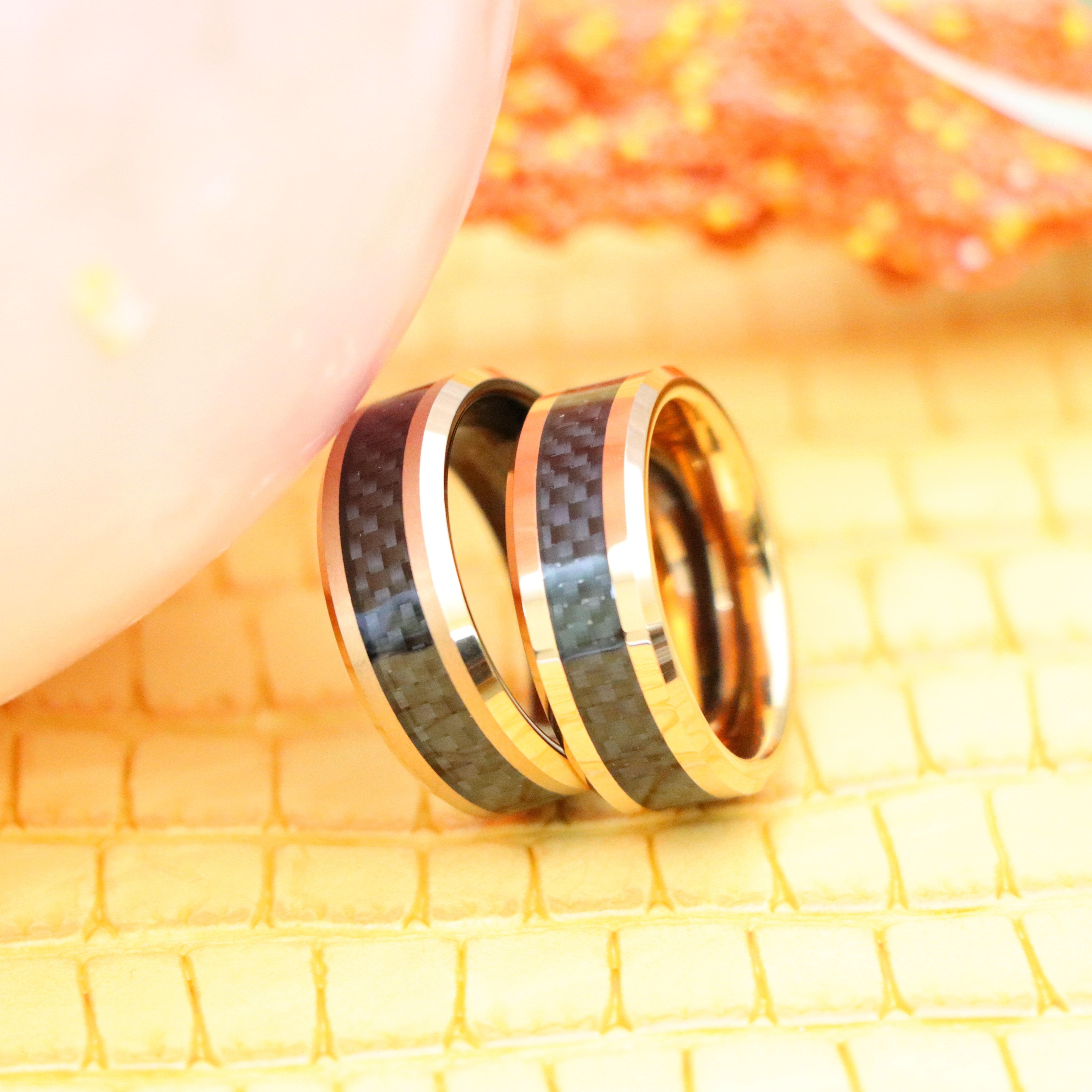 8mm High Polish Rose Gold Plated with Black Carbon Fiber Inlay &amp; Beveled Edge Tungsten Ring