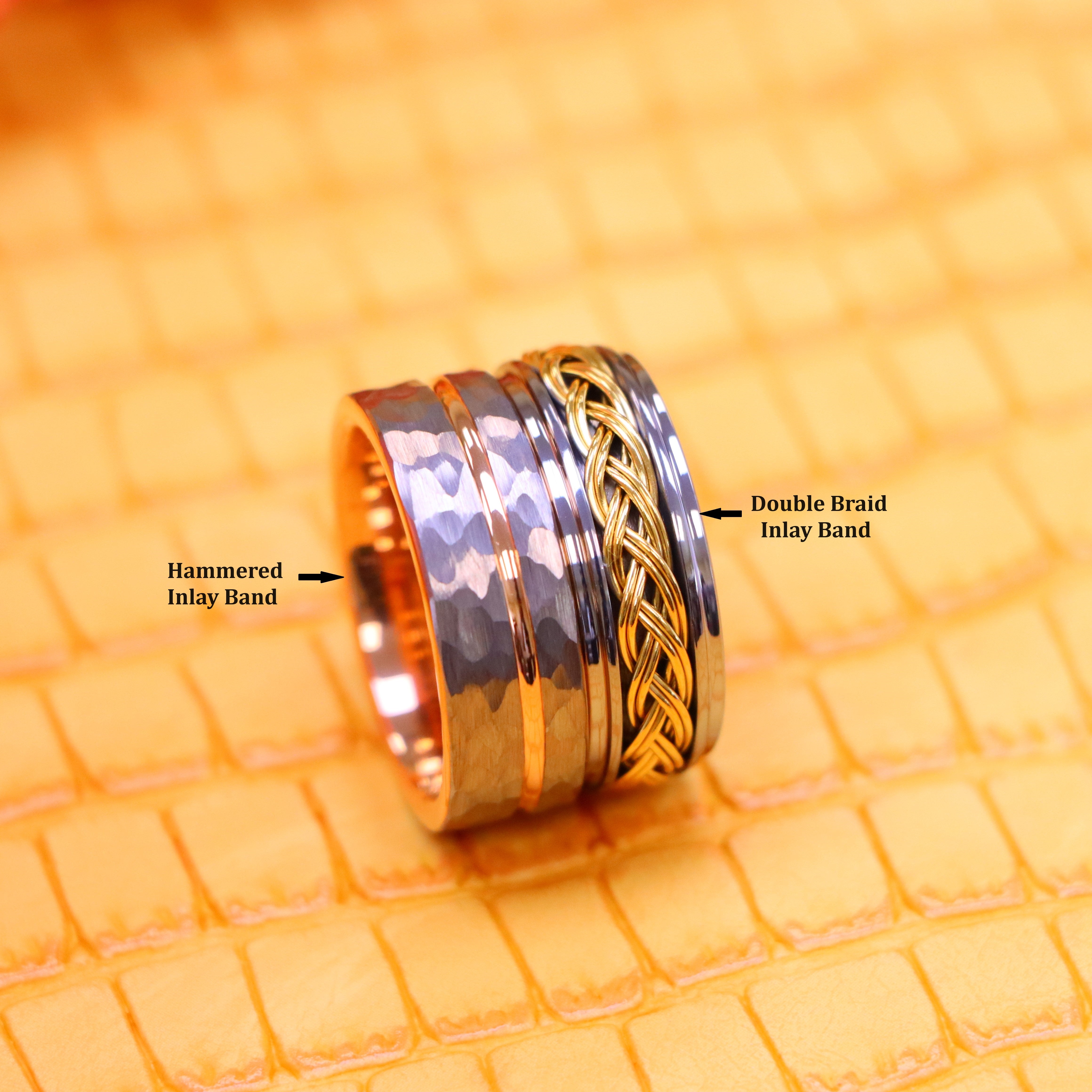 8mm Grooved Hammered Finish &amp; Rose Gold IP Plated Inside Tungsten Ring Step Edge with Yellow Gold IP Plated Double Braid Inlay Tungsten Ring