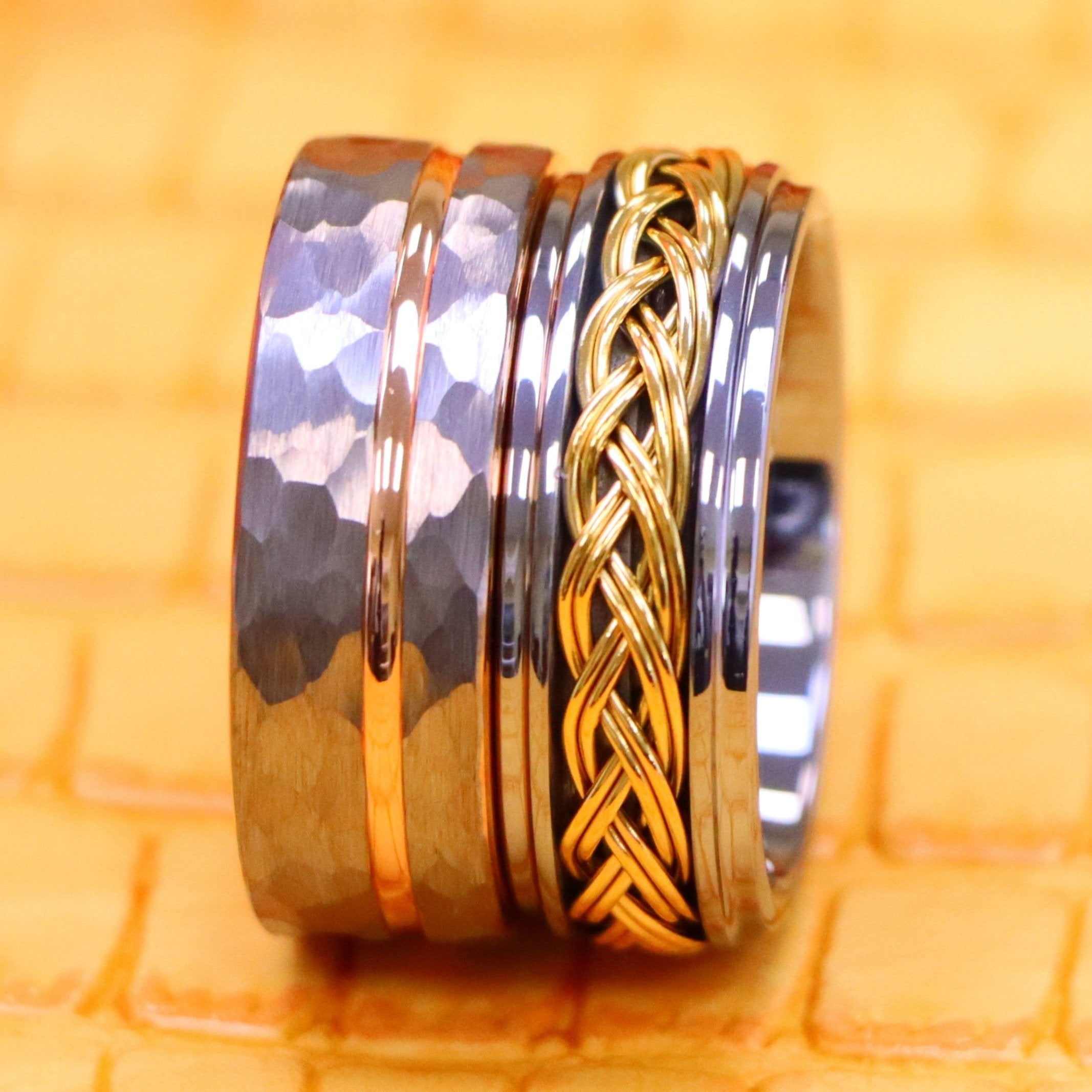 8mm Grooved Hammered Finish &amp; Rose Gold IP Plated Inside Tungsten Ring Step Edge with Yellow Gold IP Plated Double Braid Inlay Tungsten Ring