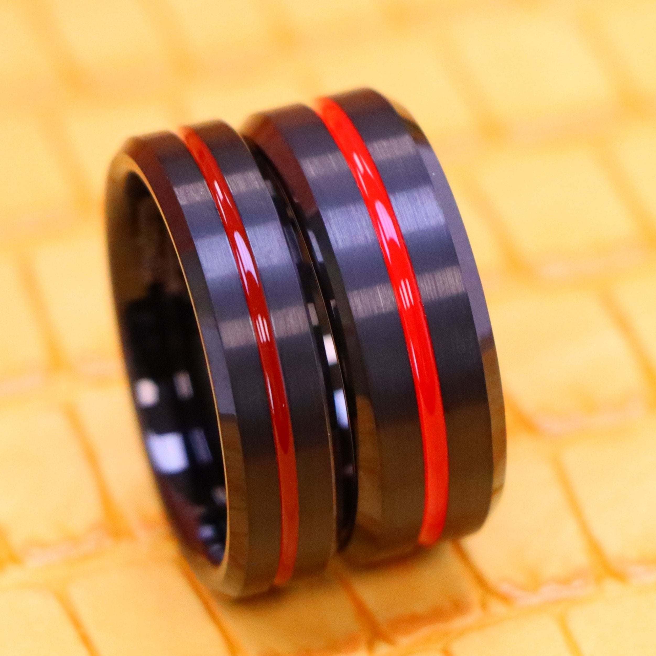 Brushed Tungsten Ring with Red IP Plated Grooved Center