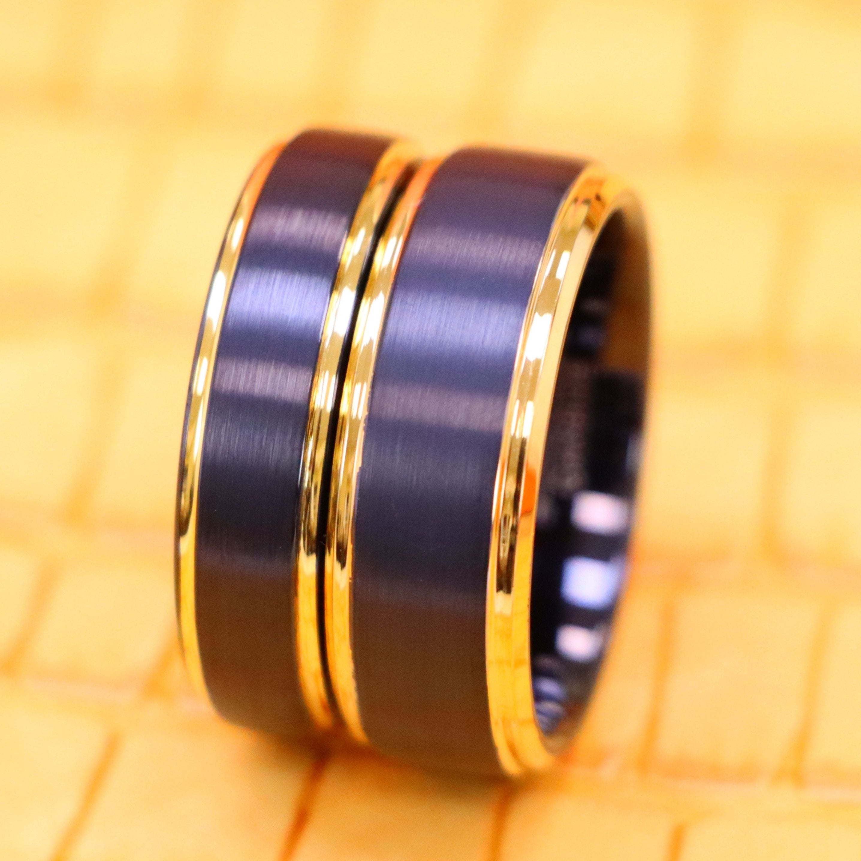 Black &amp; Yellow Gold IP Brushed Center Step Edge Tungsten Ring