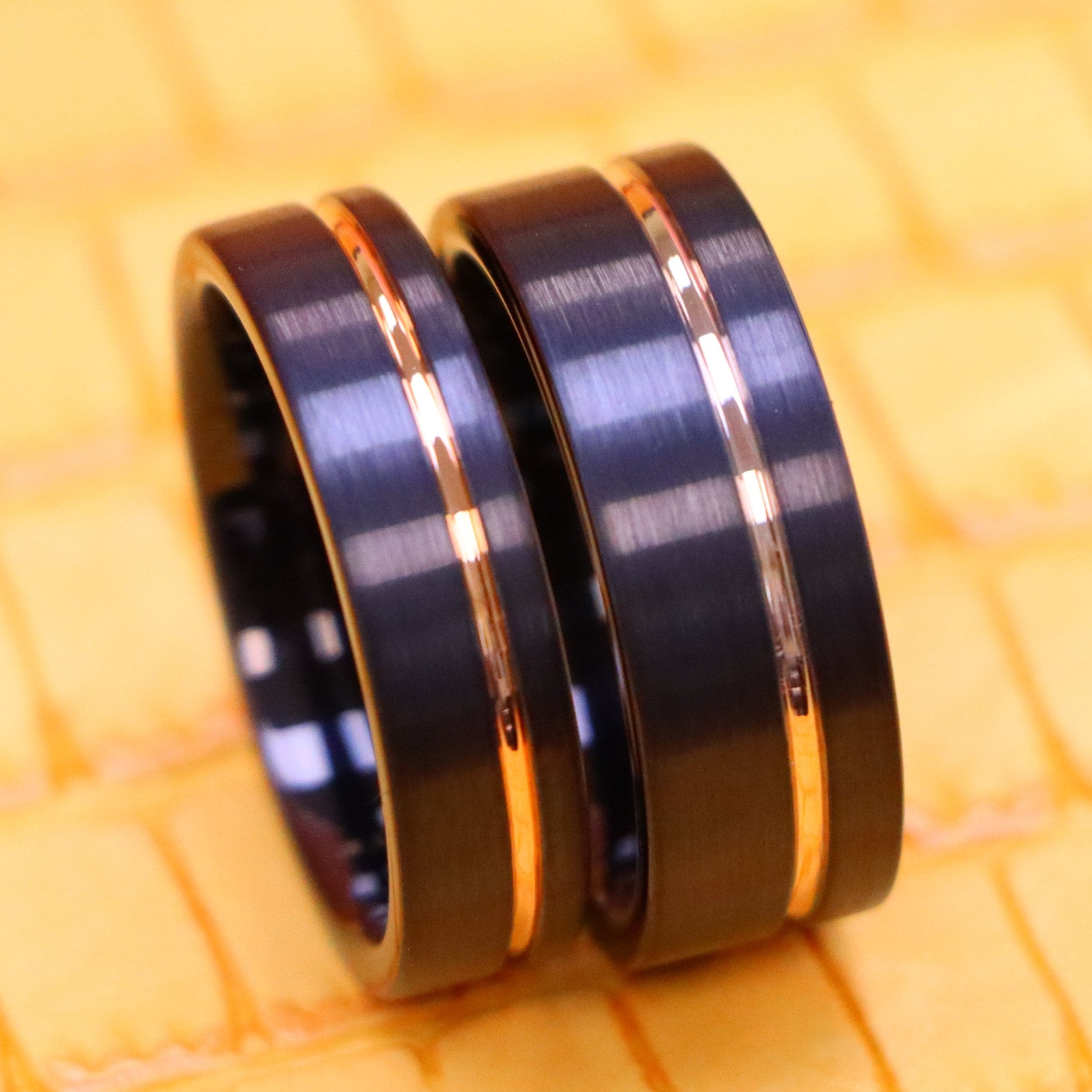 Black IP Plated with Off-Center Rose Gold Plated Groove Tungsten Ring