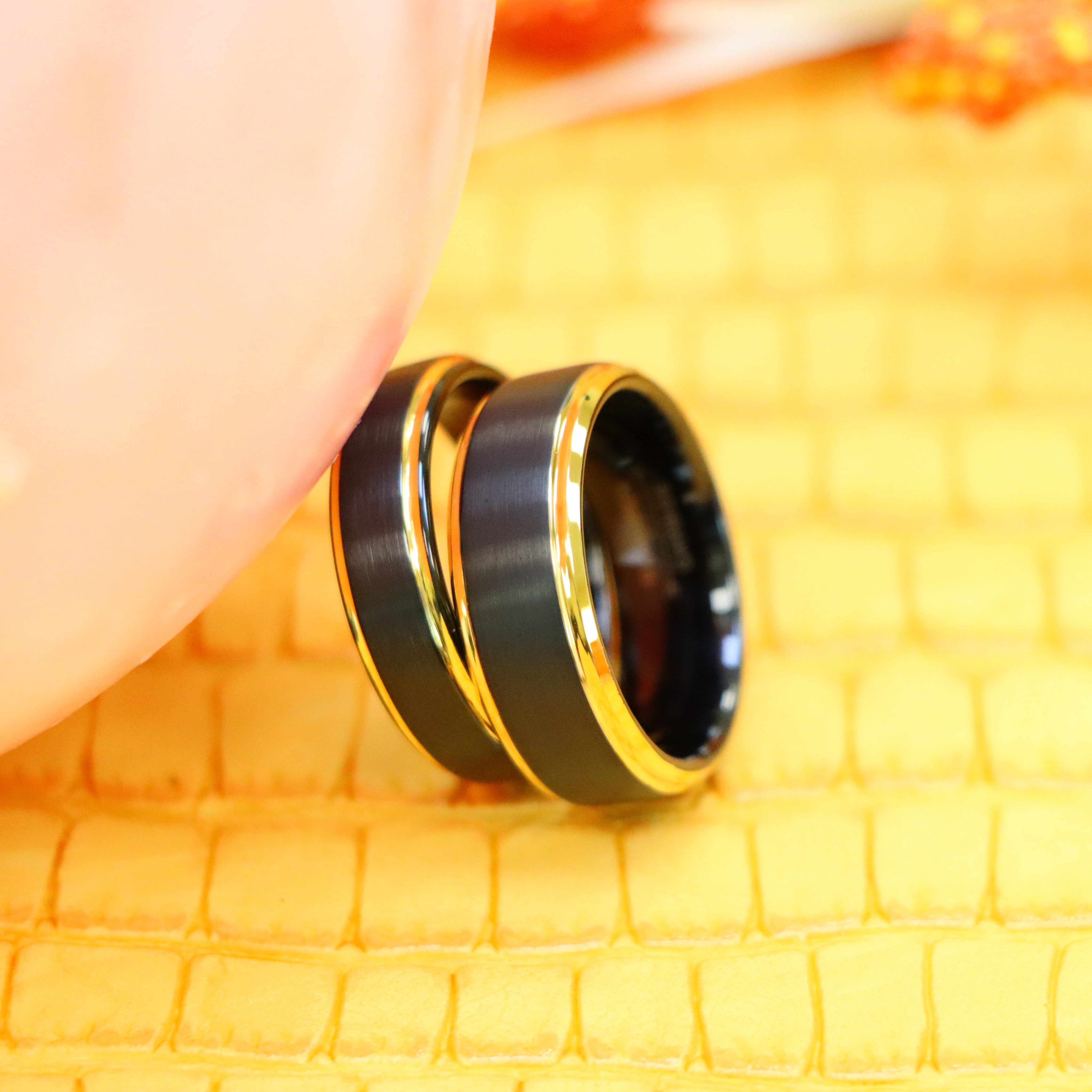 Black &amp; Yellow Gold IP Brushed Center Step Edge Tungsten Ring