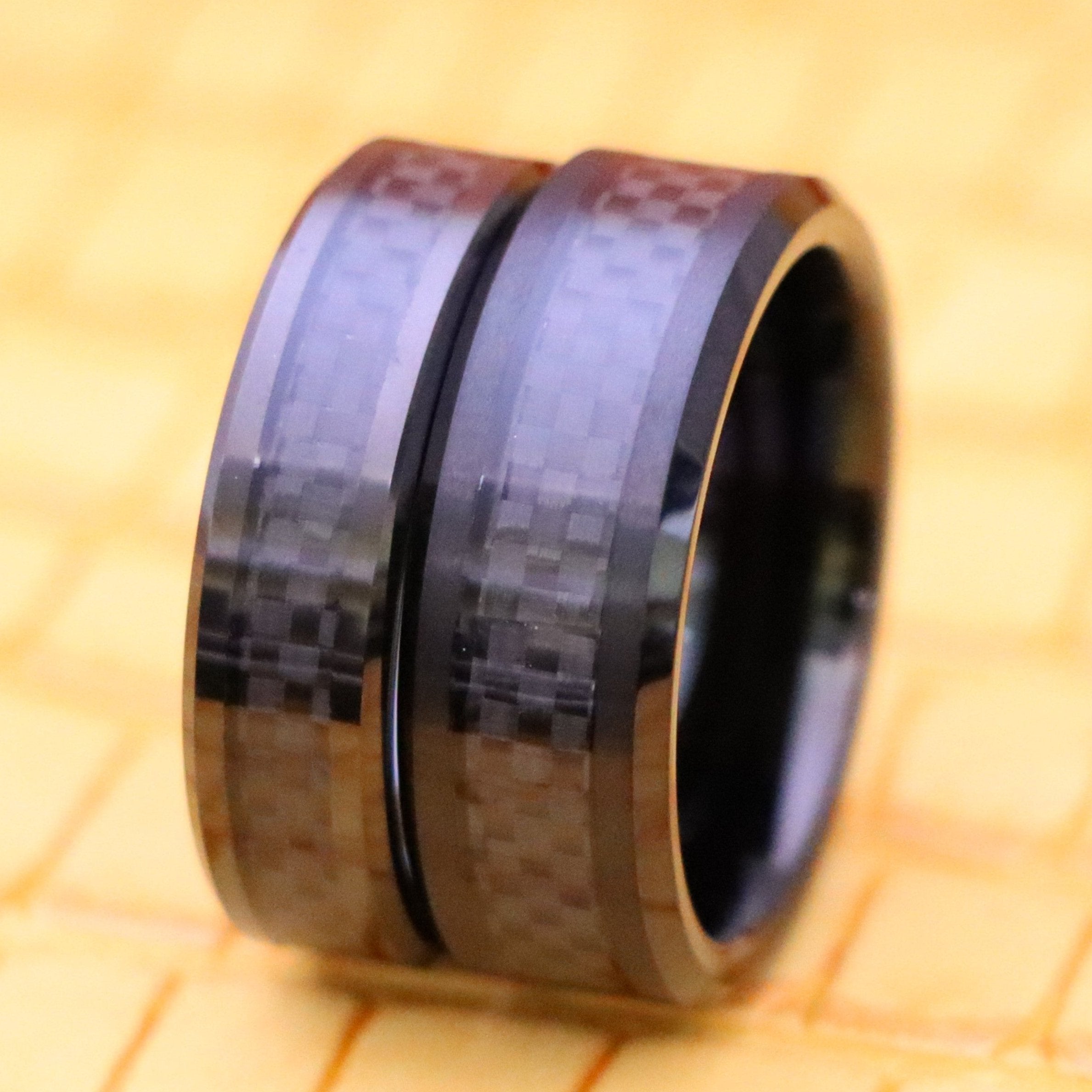 Black IP Plated with Black Carbon Fiber Inlay Beveled Edge Tungsten Ring