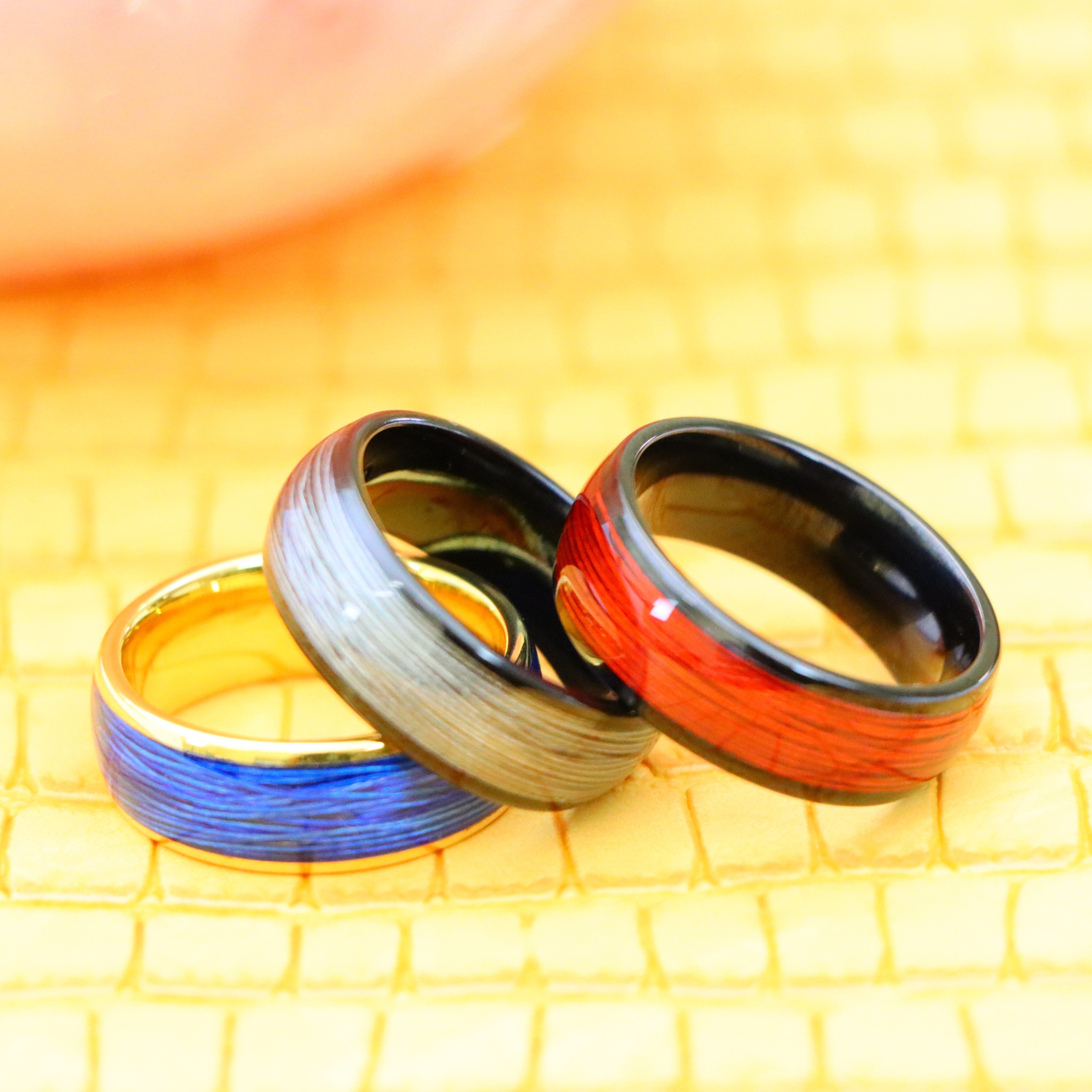 8mm Domed Yellow IP Plated Rolled Blue/White/Red Wire Inlay Tungsten Ring