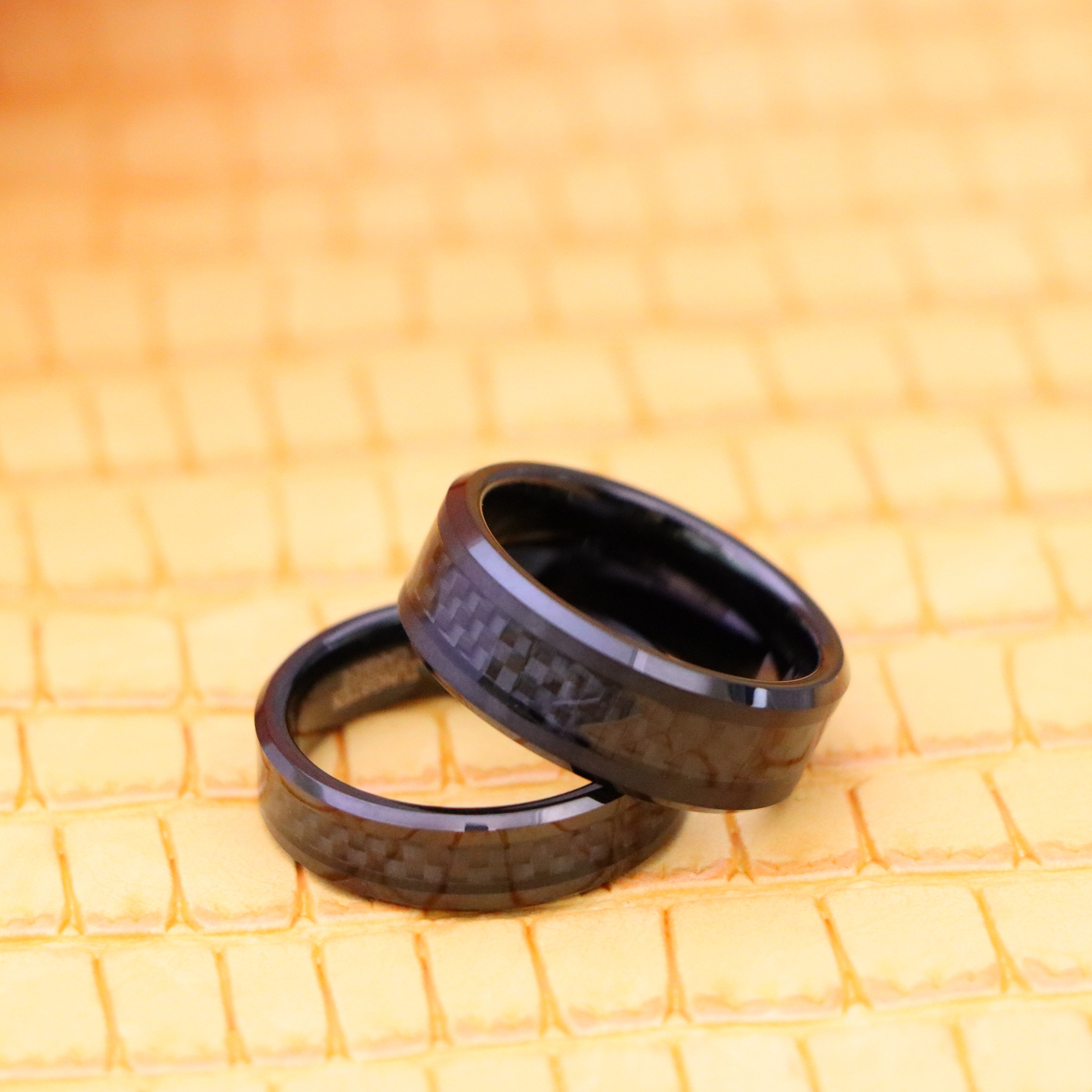 Black IP Plated with Black Carbon Fiber Inlay Beveled Edge Tungsten Ring