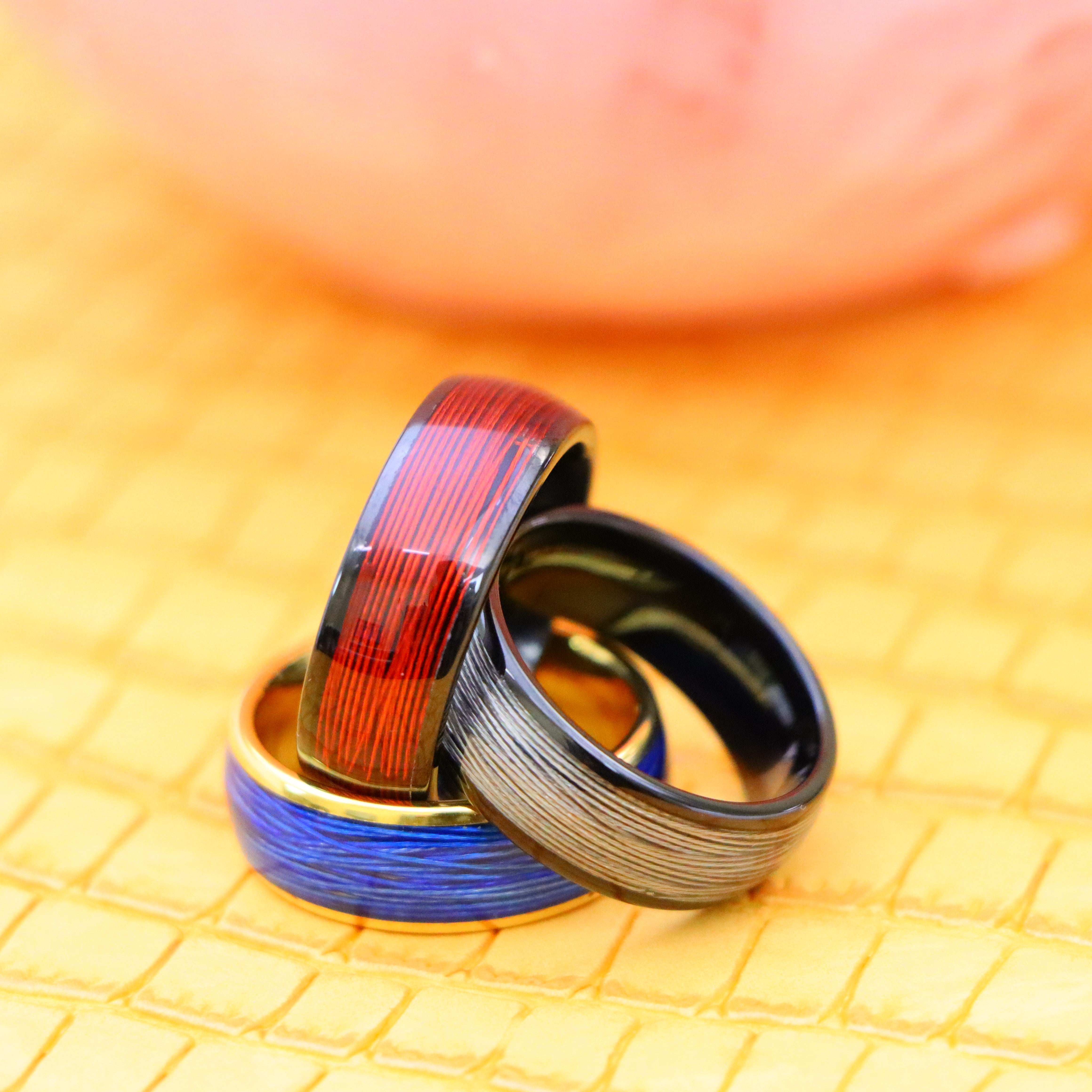 8mm Domed Yellow IP Plated Rolled Blue/White/Red Wire Inlay Tungsten Ring