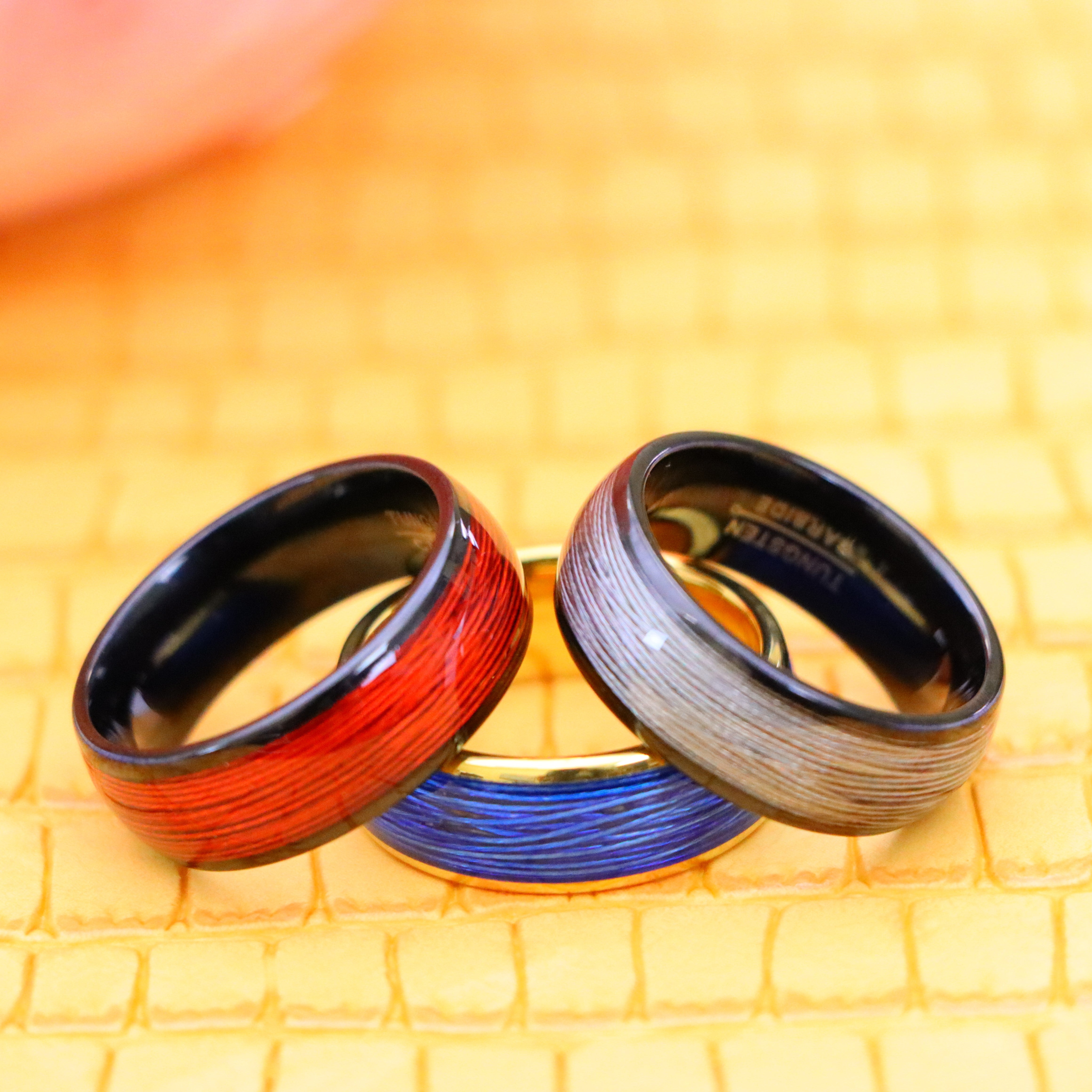 8mm Domed Yellow IP Plated Rolled Blue/White/Red Wire Inlay Tungsten Ring