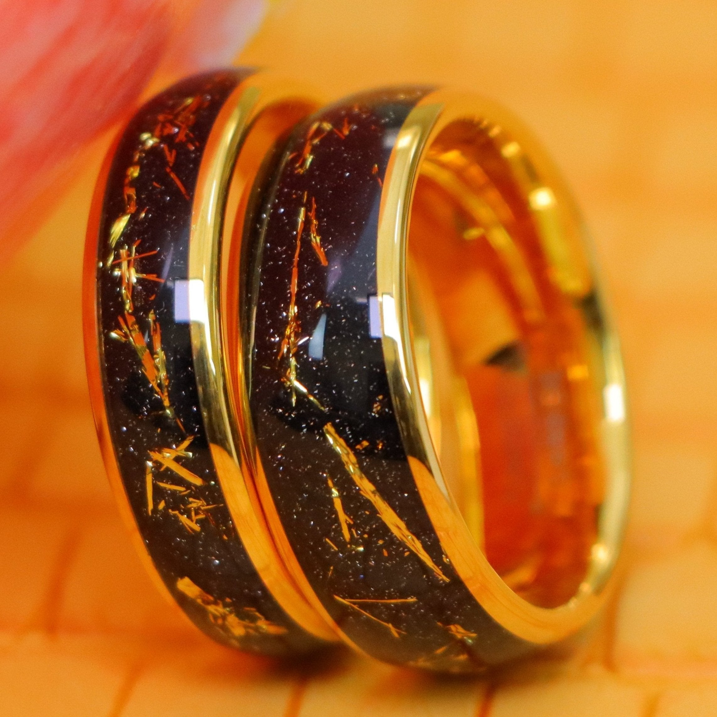 Yellow Gold IP Plated with Imitation Meteorite Inlay Tungsten Ring