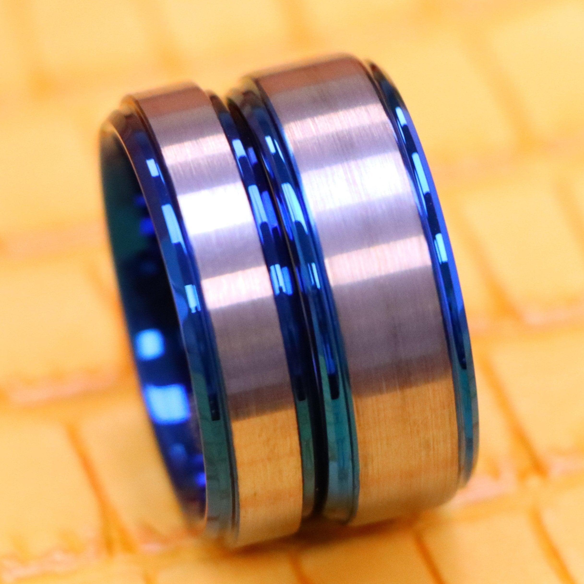 Blue IP Plated Beveled Edge &amp; Gun Metal Brushed Finish Tungsten Ring