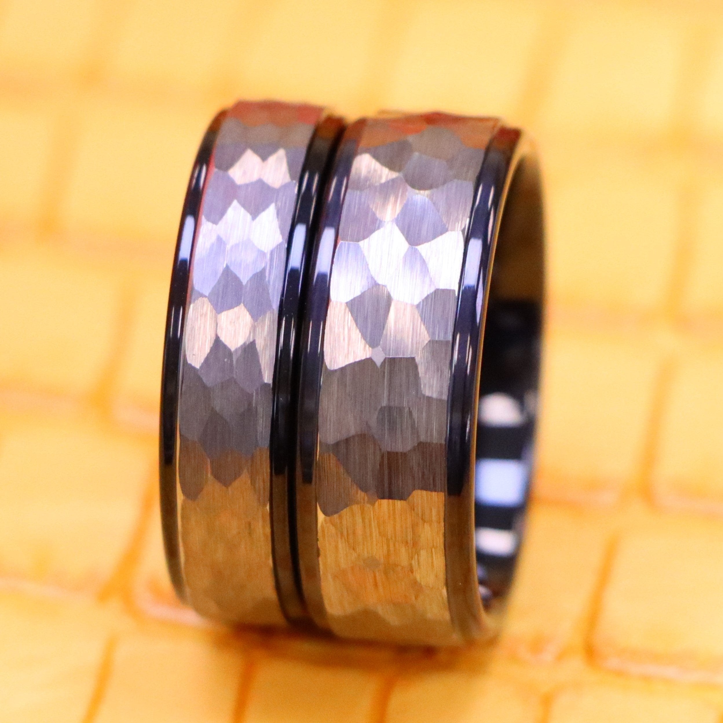 Two-Tone Hammered Gun Metal Brush Finish &amp; Black IP Inner Ring Stepped Edge Tungsten Ring