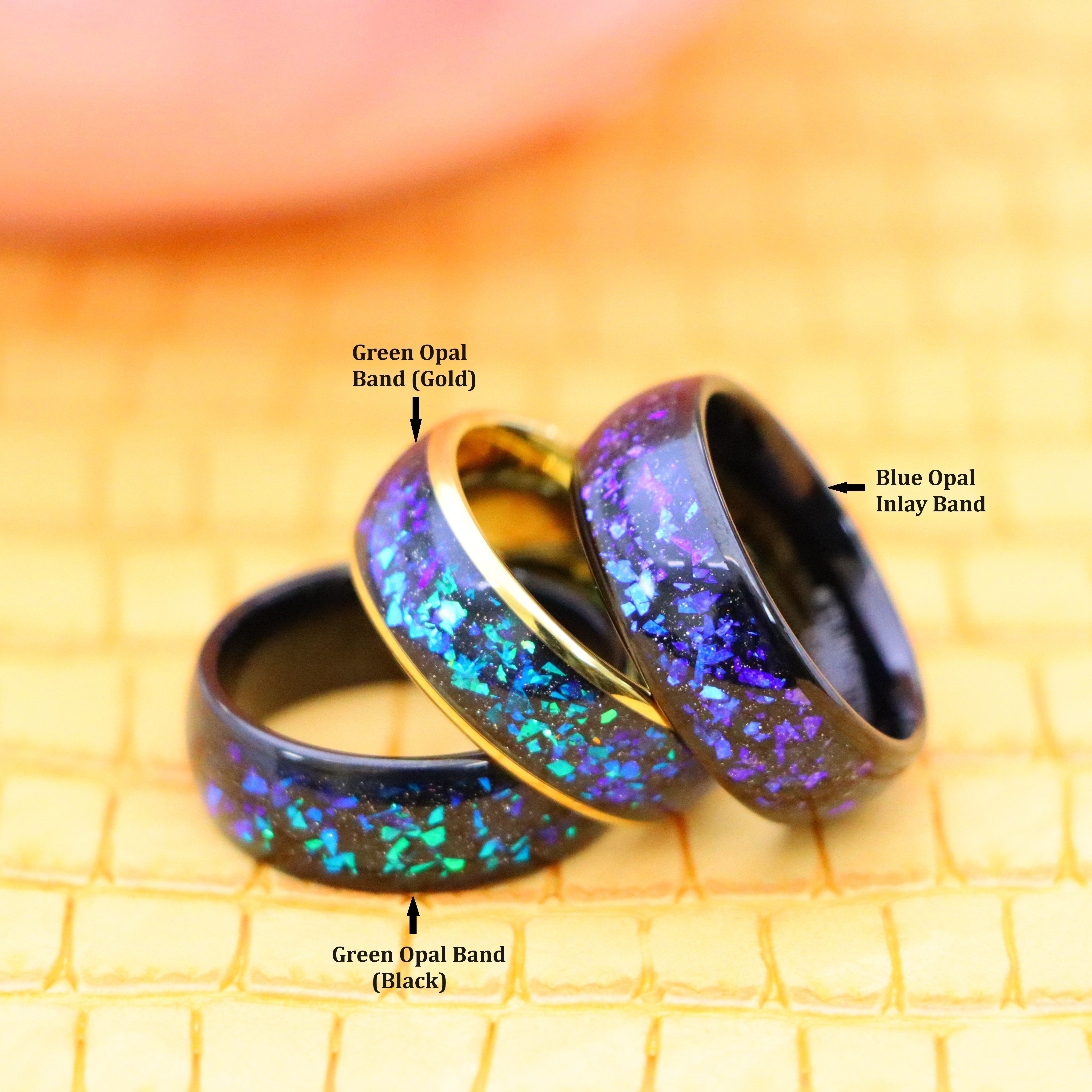 8mm Dome Yellow IP/Black Blue/Green Synthetic Opal &amp; Abalone Fragments Tungsten Ring - Men's Tungsten Jewelry