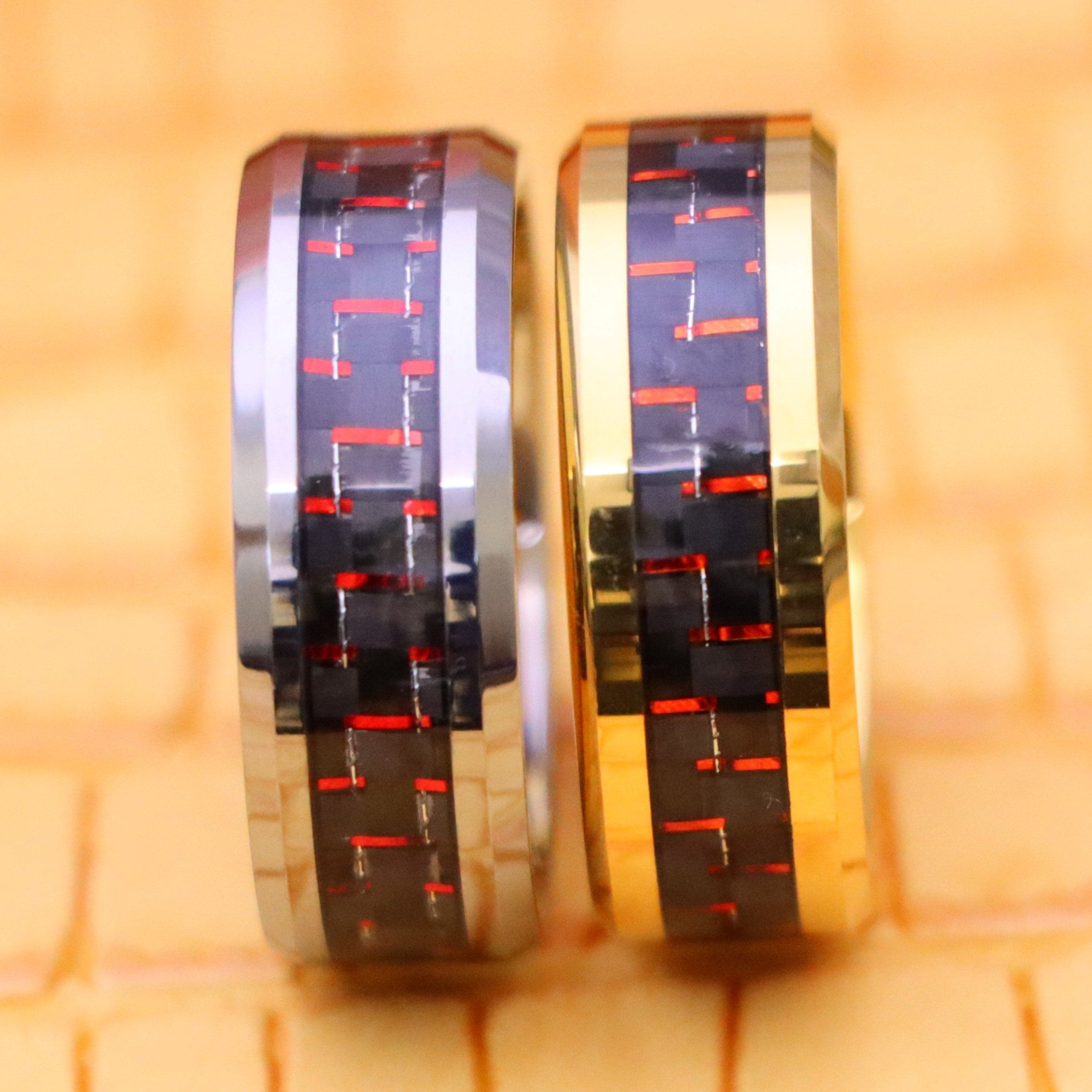 8mm Yellow Gold/Silver Plated High Polish with Red &amp; Black Carbon Fiber Inlay Beveled Edge Tungsten Ring