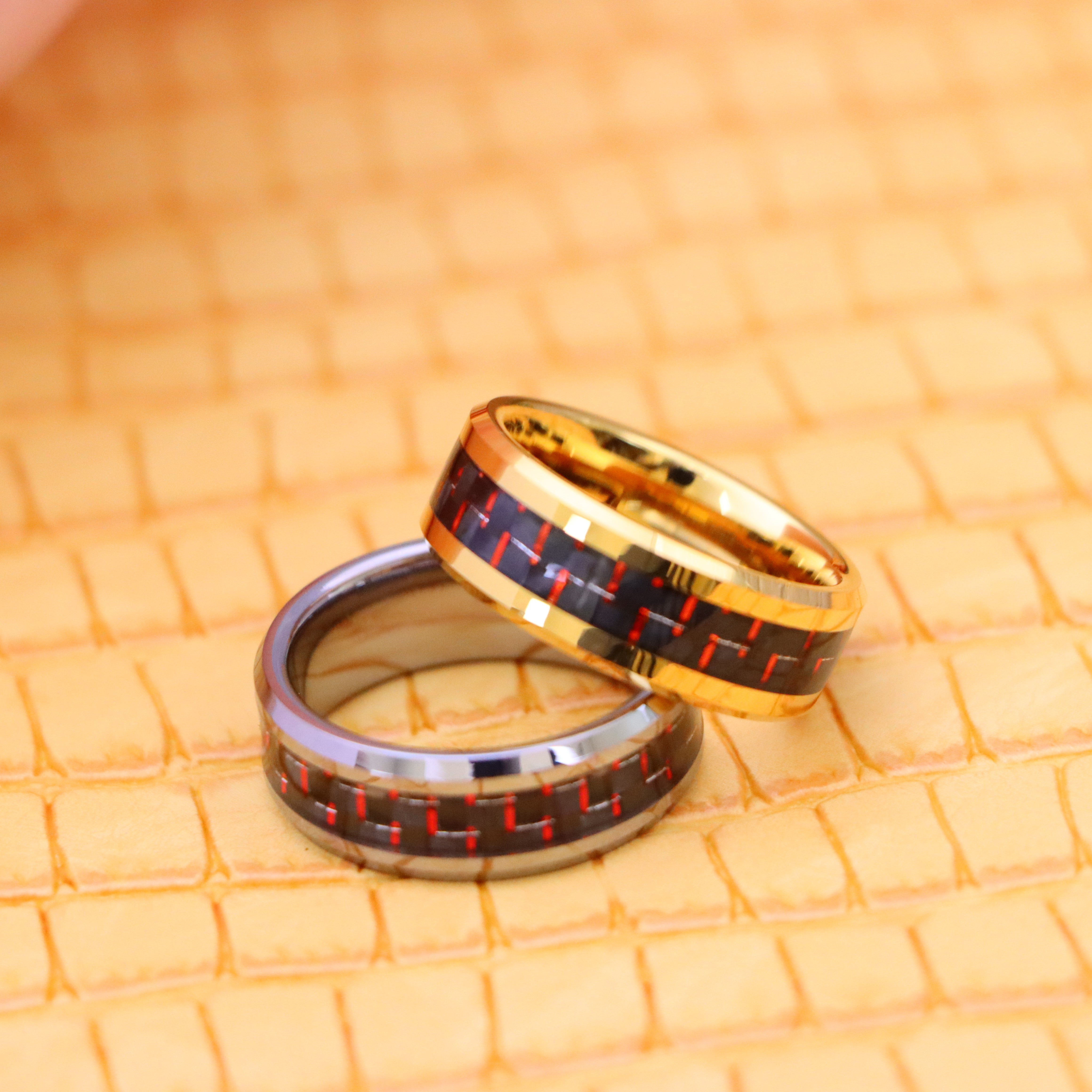 8mm Yellow Gold/Silver Plated High Polish with Red &amp; Black Carbon Fiber Inlay Beveled Edge Tungsten Ring