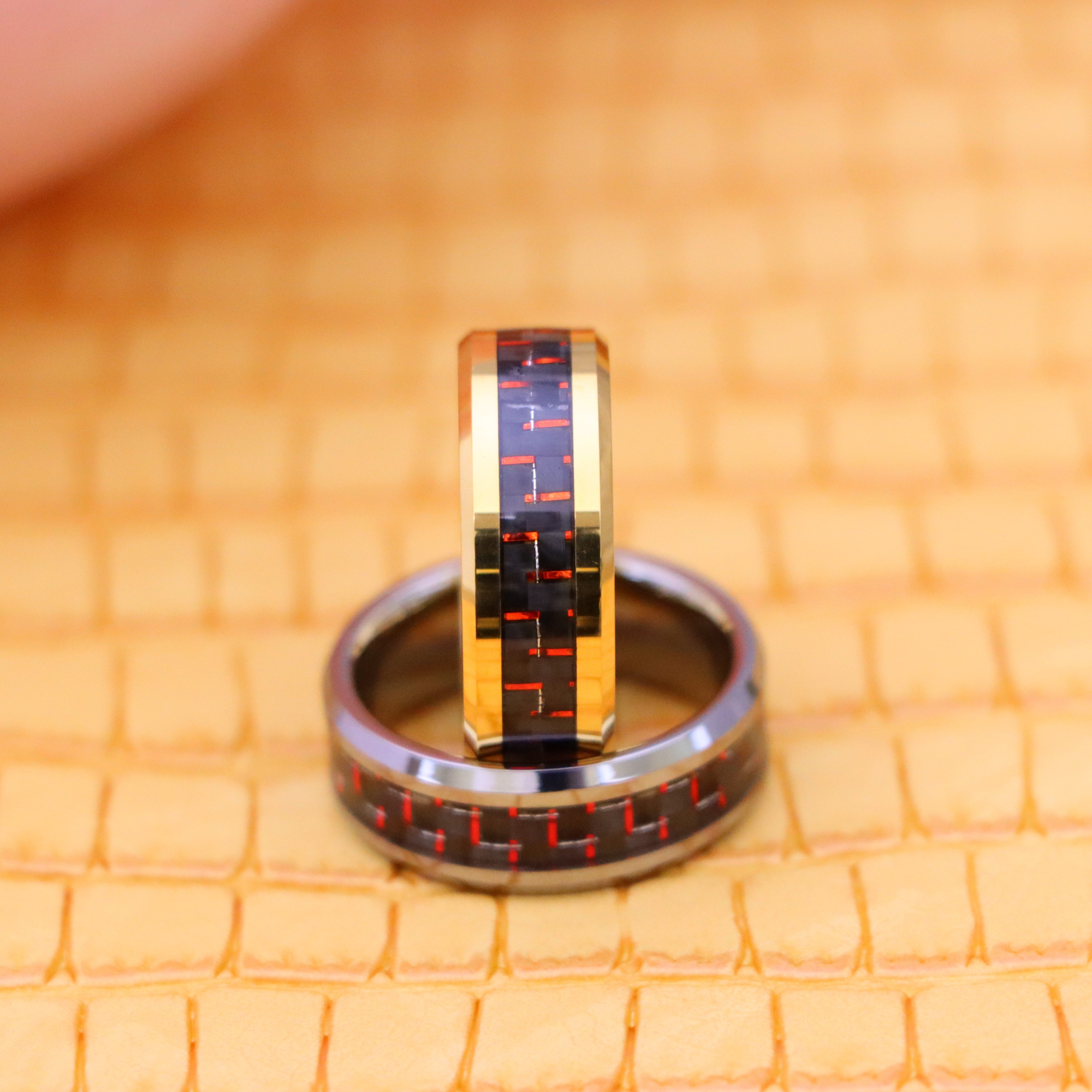 8mm Yellow Gold/Silver Plated High Polish with Red &amp; Black Carbon Fiber Inlay Beveled Edge Tungsten Ring