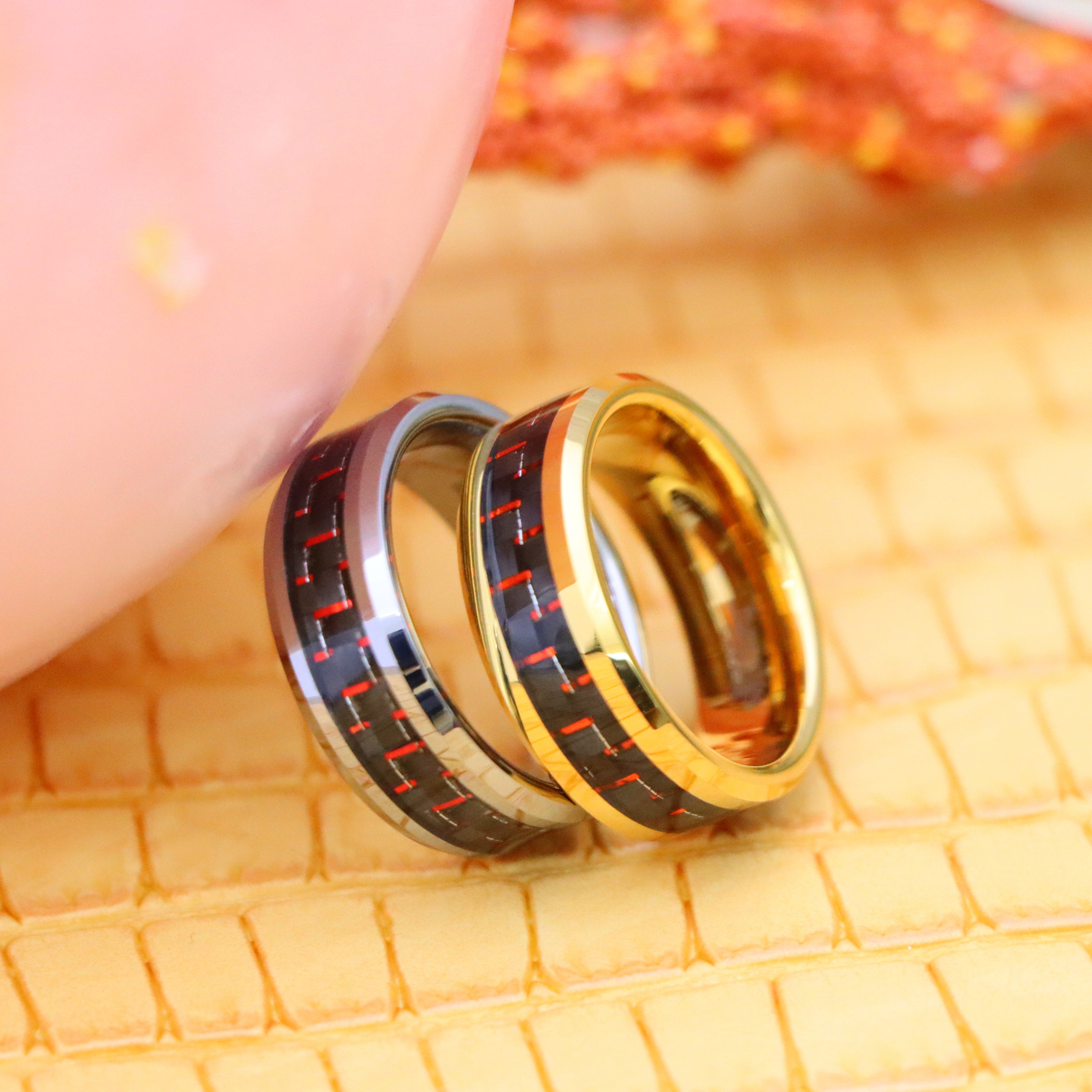 8mm Yellow Gold/Silver Plated High Polish with Red &amp; Black Carbon Fiber Inlay Beveled Edge Tungsten Ring