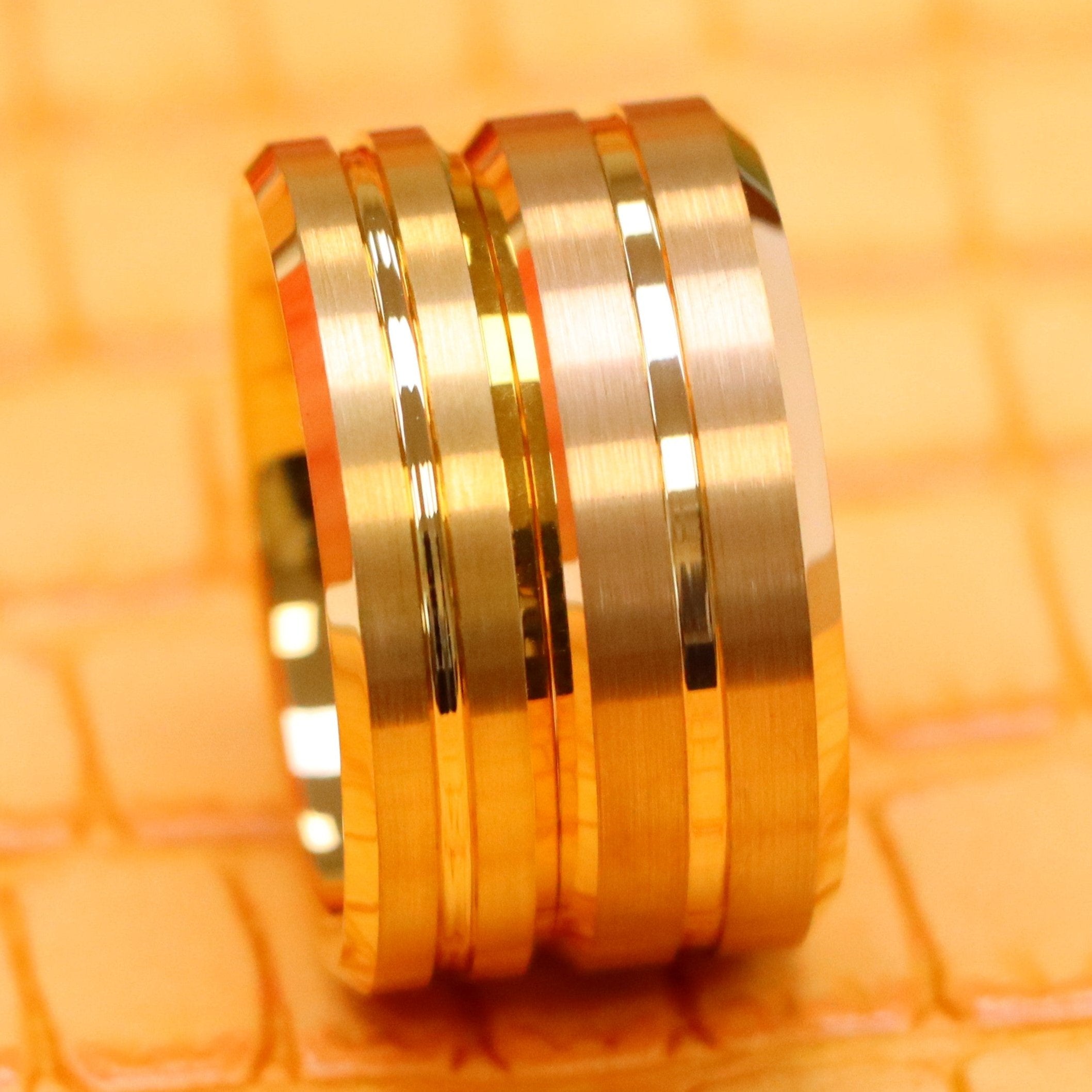 Yellow Gold IP Plated Grooved Center Brushed Beveled Edge Tungsten Ring