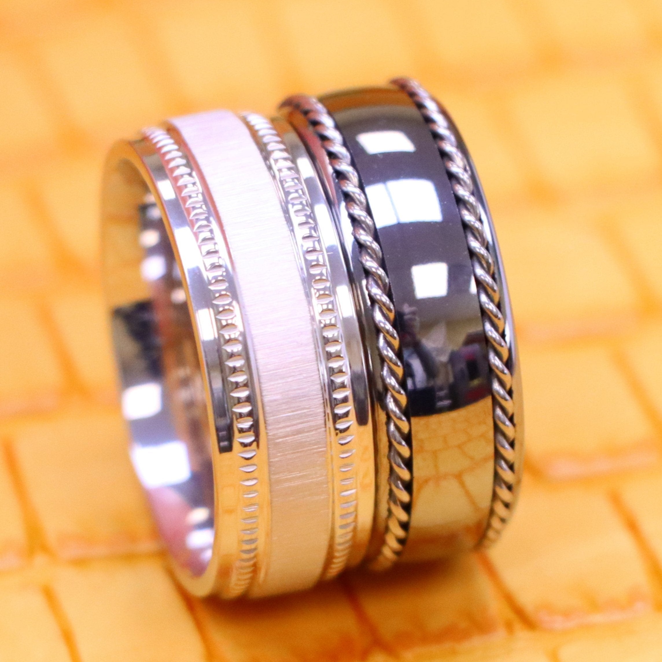 8mm White IP Plated Titanium Ring Satin Finish Center with Milgrain Stepped Edge Polished Semi-Domed with Rope Stainless Steel Inlay Sides Tungsten Ring