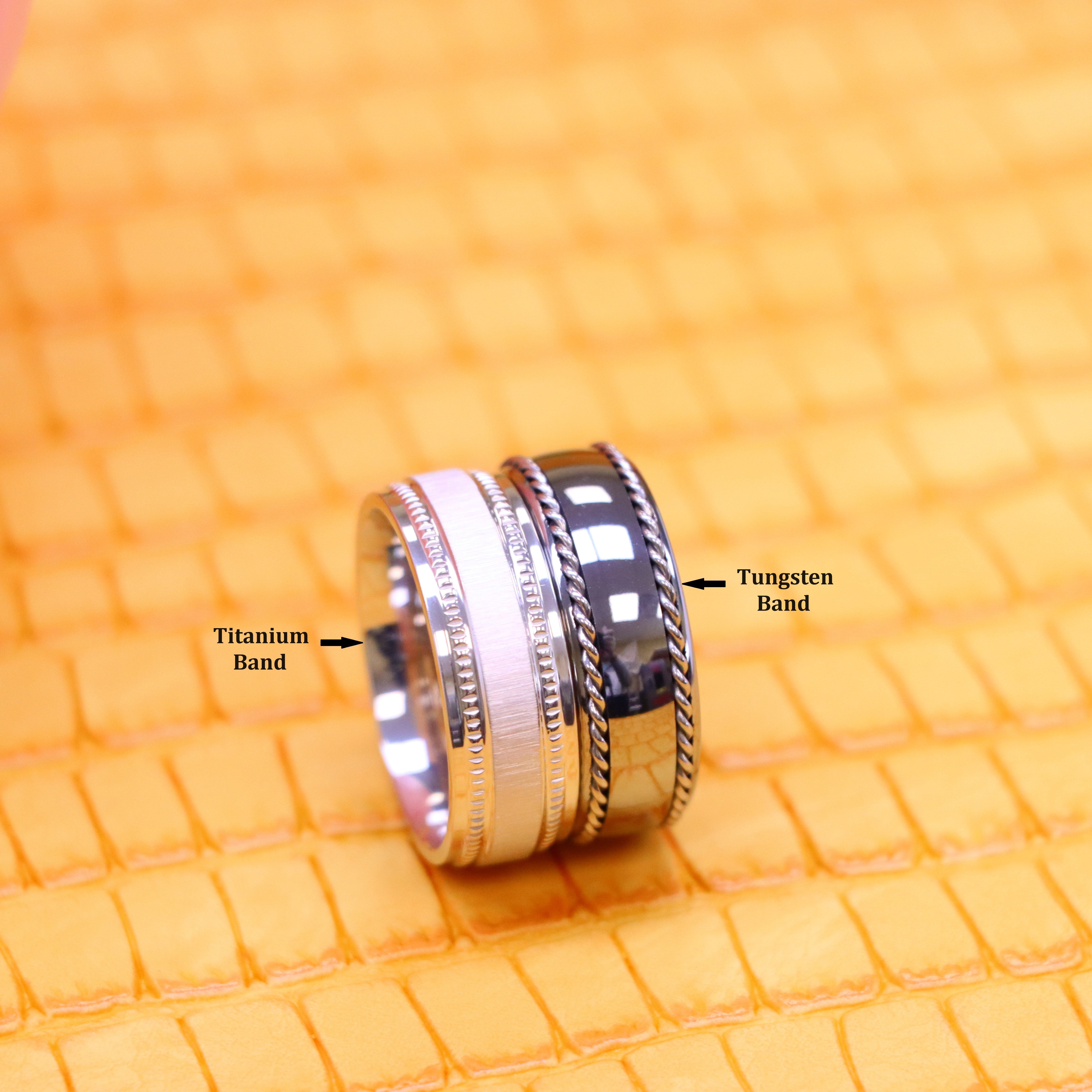 8mm White IP Plated Titanium Ring Satin Finish Center with Milgrain Stepped Edge Polished Semi-Domed with Rope Stainless Steel Inlay Sides Tungsten Ring