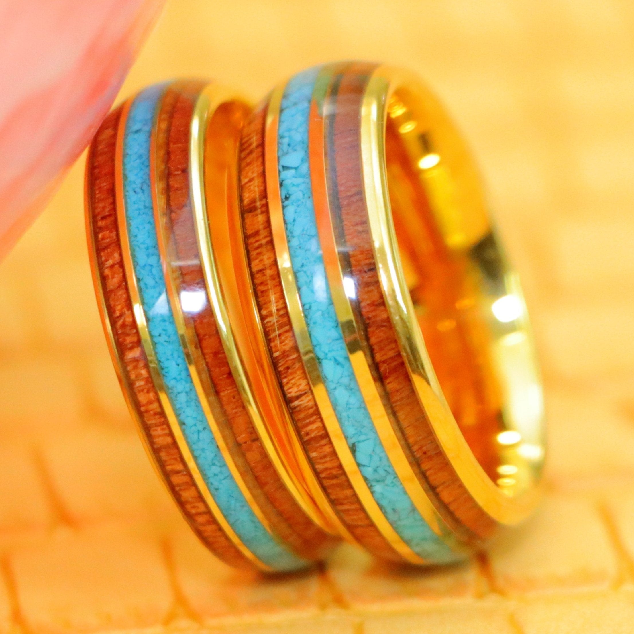 Yellow Gold IP Plated Tungsten Ring with Rosewood &amp; Crushed Turquoise Inlay