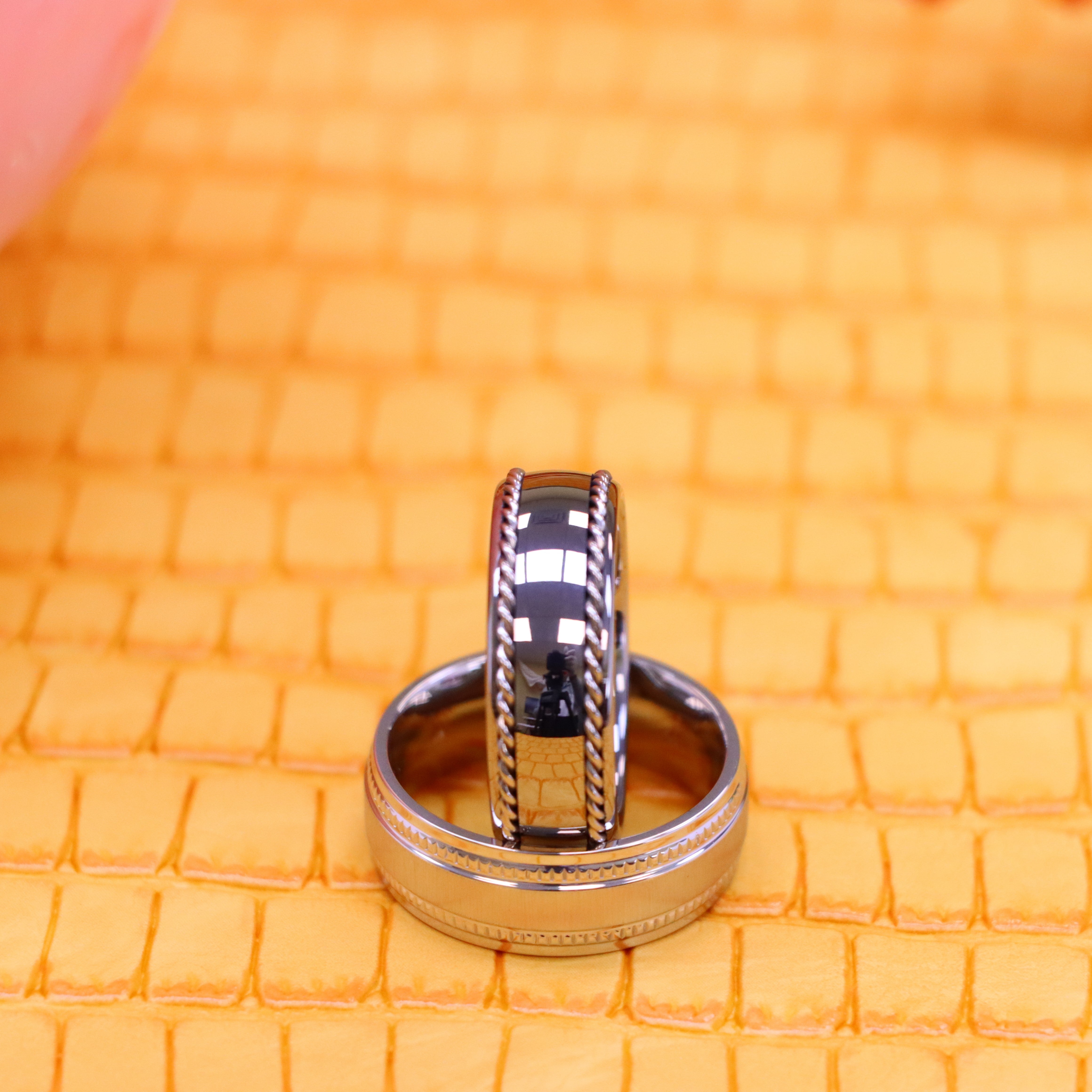 8mm White IP Plated Titanium Ring Satin Finish Center with Milgrain Stepped Edge Polished Semi-Domed with Rope Stainless Steel Inlay Sides Tungsten Ring