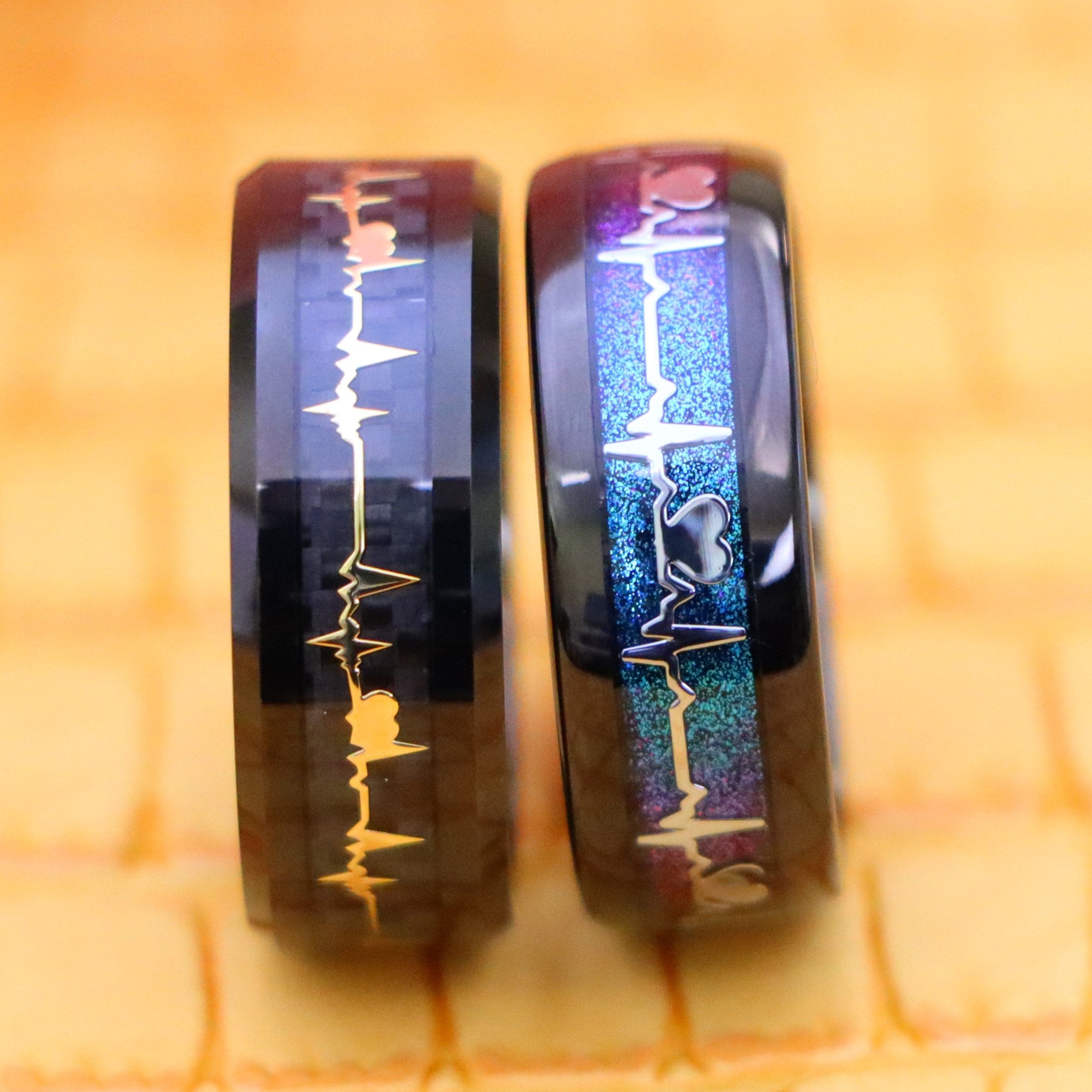 8mm Black IP Plated with Rainbow LGBTQ Gradient &amp; EKG Cutout / Yellow IP EKG Heartbeat Inlay Tungsten Ring